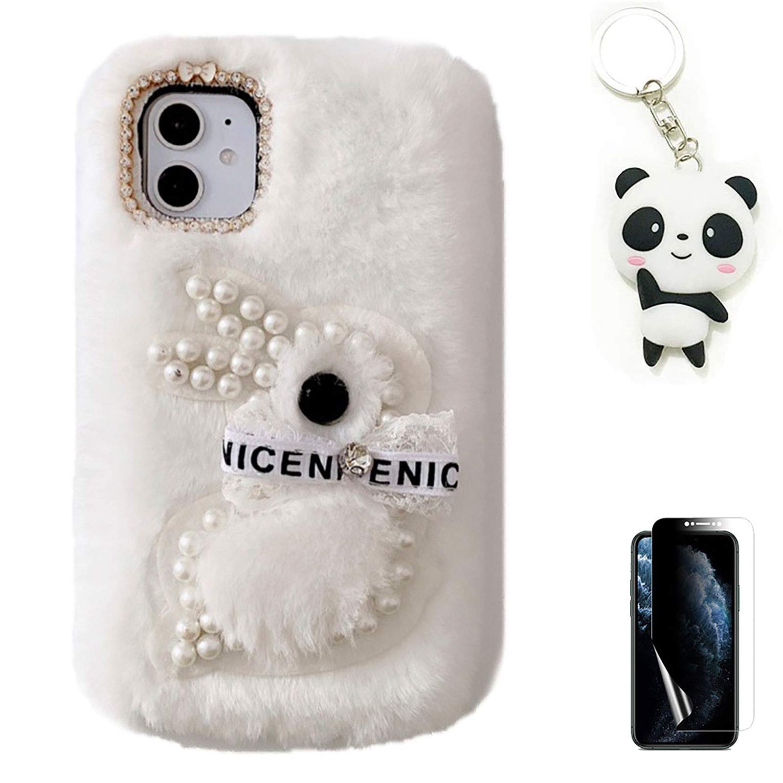 YKTO Peluche Coniglio Custodia per Redmi Note 10S Ragazze Bear Cute Fluffy Bow Faux Plush Morbido Custodia Protettiva per Redmi Note 10S Peluche Covers,Perla Grizzly