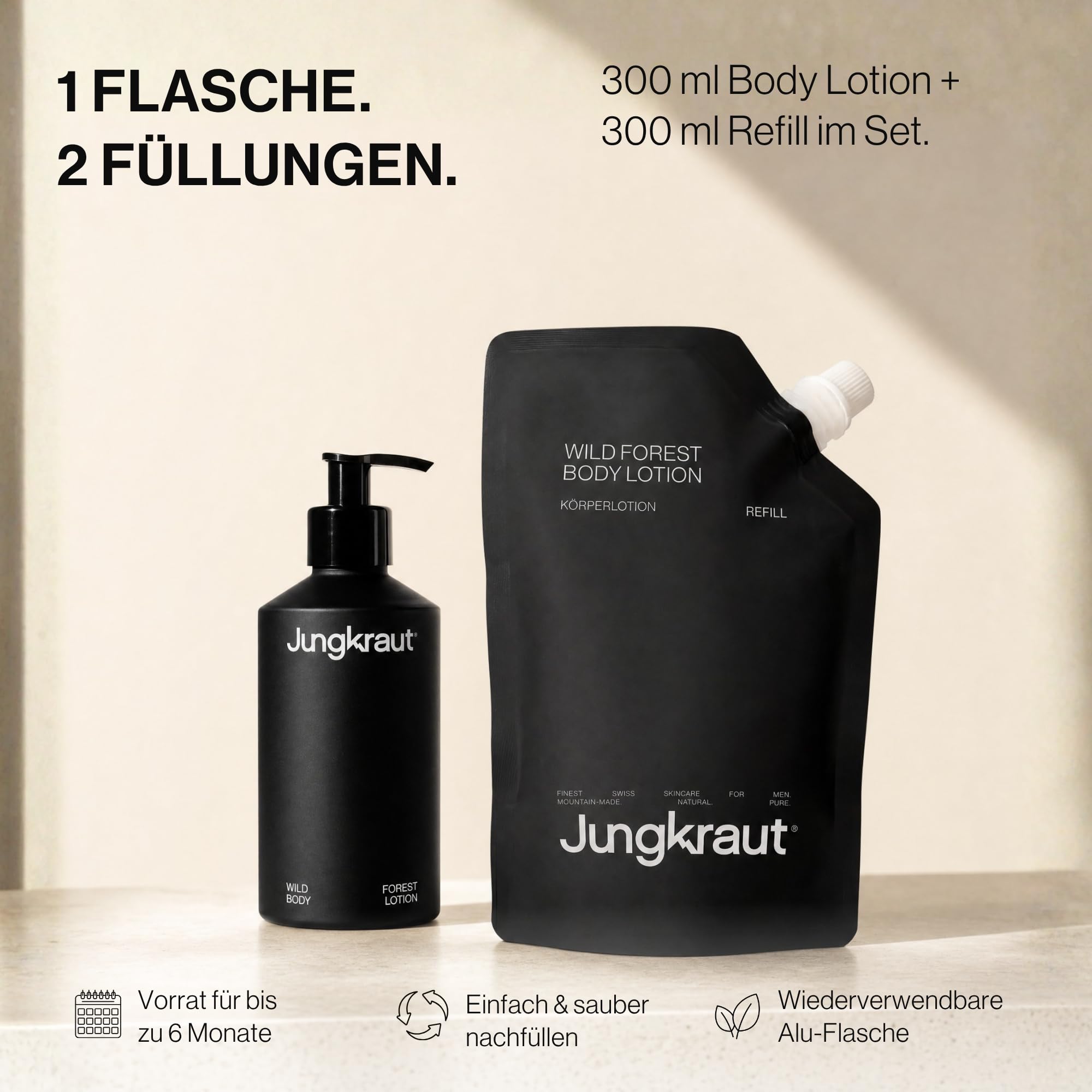 Wild Forest Body Lotion Set Männer 300ml Aluflasche + 300ml Refill, natürliche Körperlotion, ultraleicht, nicht klebend, Swiss Made, vegan