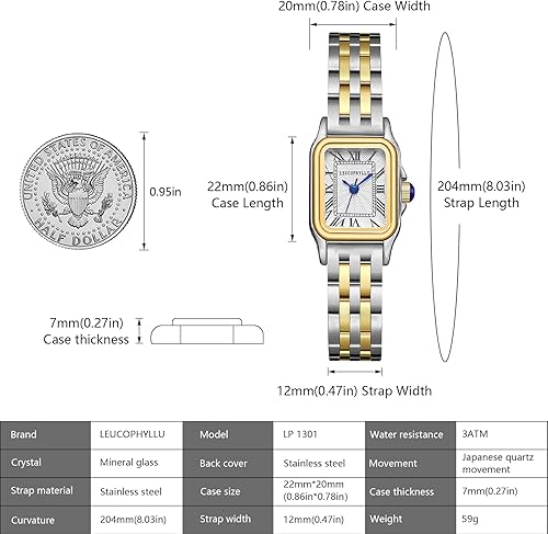 Miniatura 5 de Relojes pequeños de oro para mujer con funda rectangular vintage, esfera romana clásica, banda de acero inoxidable resistente al agua con cadena de