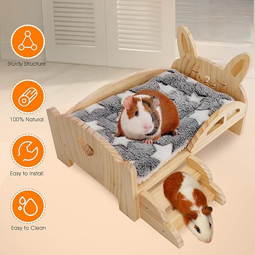 Miniatura 6 de BWOGUE Cama de conejillo de indias de madera con escaleras y alfombra, lavable de forro polar suave, cama de plataforma para hámsters, conejos