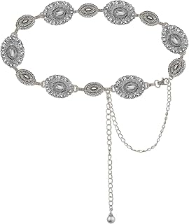WAYLIT Western Concho Belt for Women - Boho Silver Turquoise Chain Waist Belt, Adjustable Cowgirl Metal Belt for Dresses & Jeans