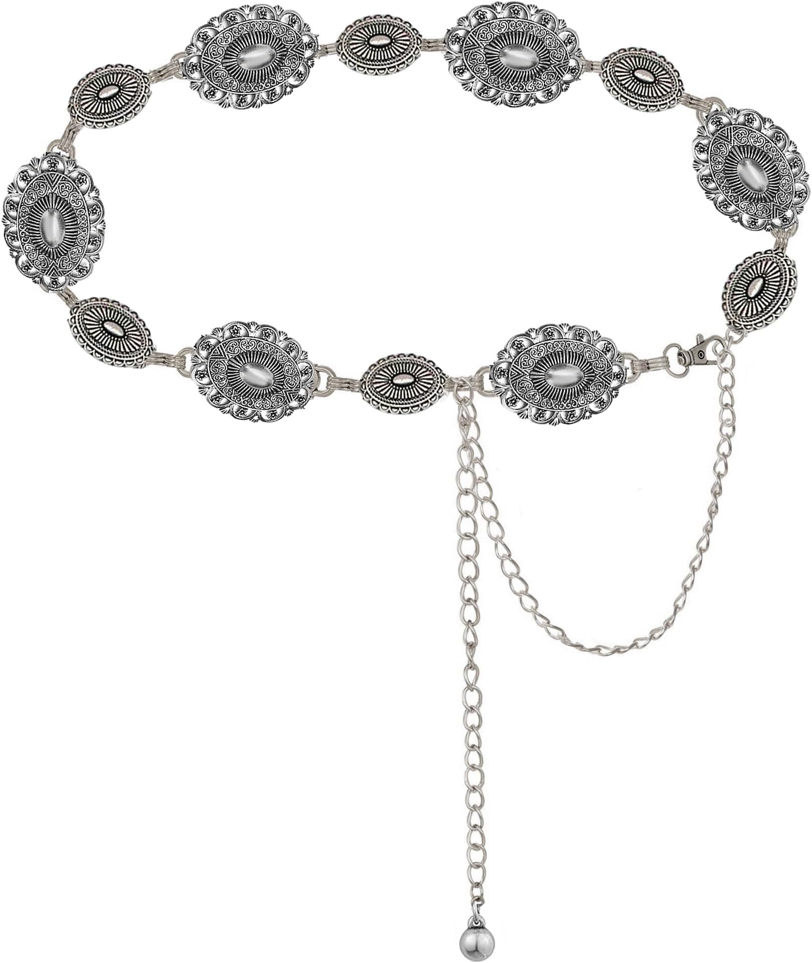 Western-Concho-Belt-Women Cowgirl-Metal-Belts Boho Silver Vintage Turquoise Chain Belt for Dress Jeans