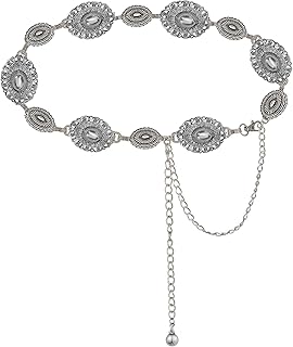 Western-Concho-Belt-Women Cowgirl-Metal-Belts Boho Silver Vintage Turquoise Chain Belt for Dress Jeans