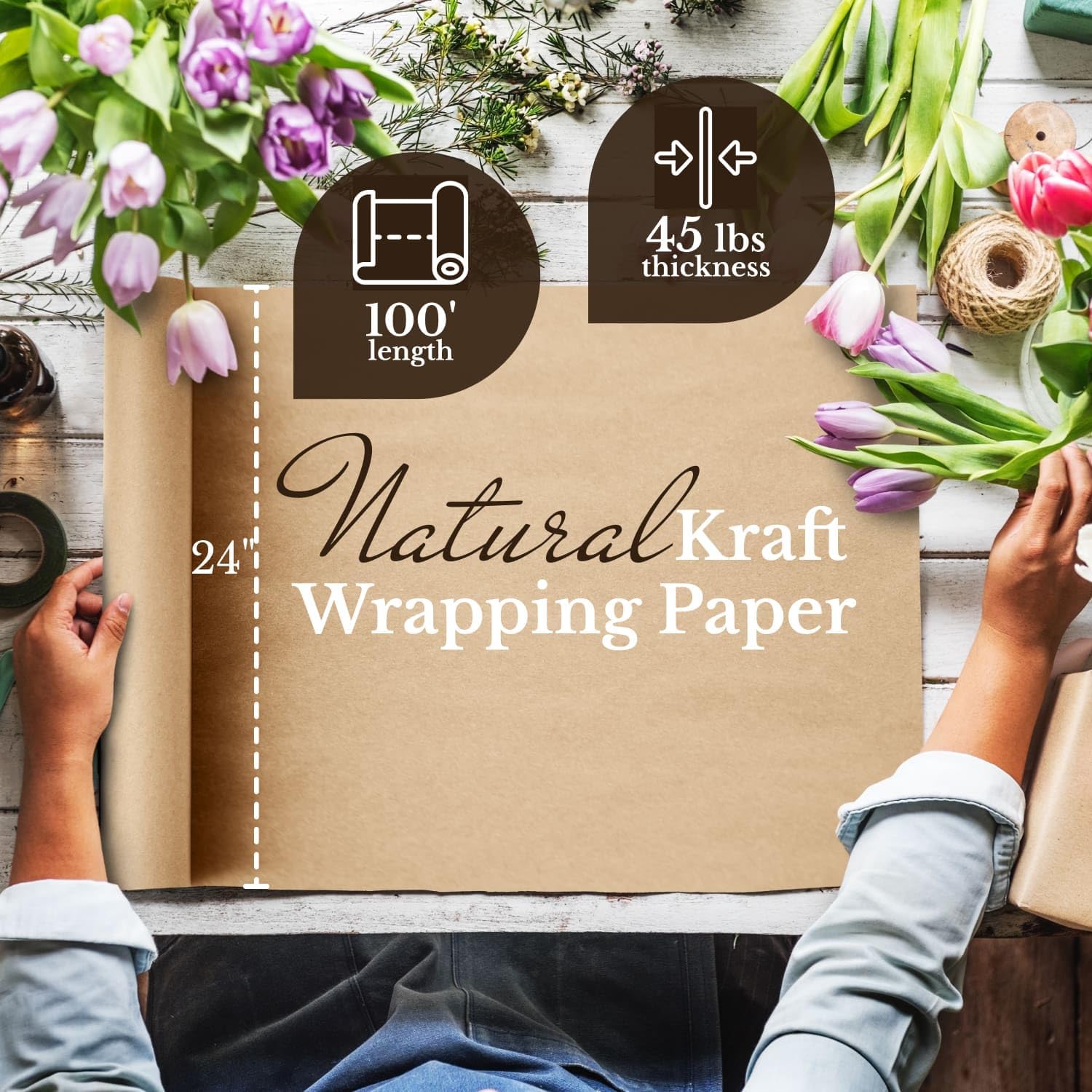 Flower Wrapping Paper, 24" x 1200" (100 ft), 45 lbs Thickness – Brown Colored Kraft Paper Roll for Bouquet Wrapping, Floristic Shops, and Flower Decorations