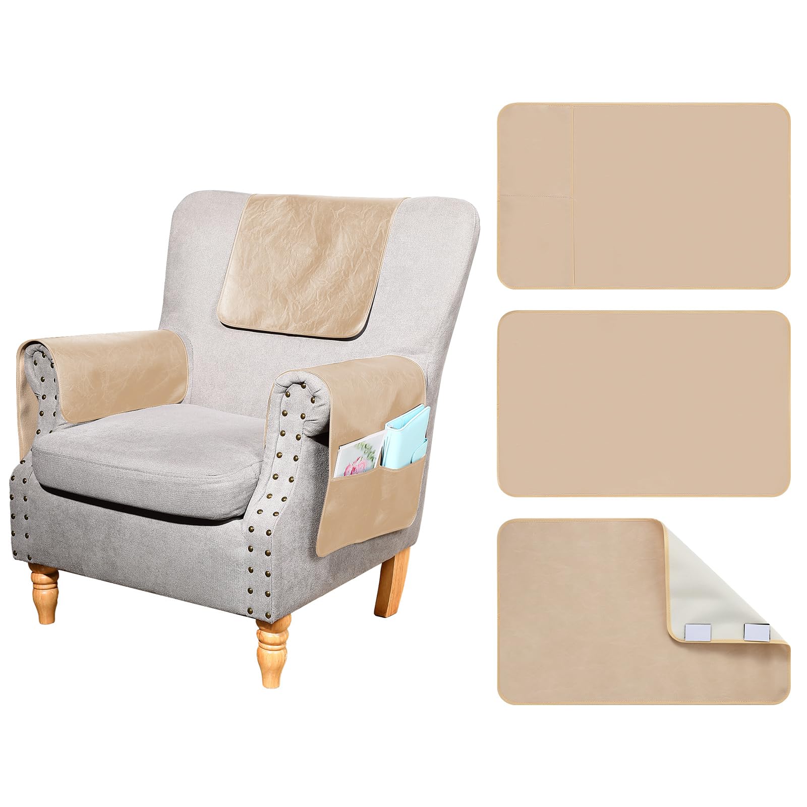 Tradder 3 Pcs PU Leather Recliner Headrest Protector with Arm Covers for Furniture Recliners 22.8 x 14.6 Inch, Arm with Pockets Headrest Cover for Couch Sofa Chairs Furniture (Beige)