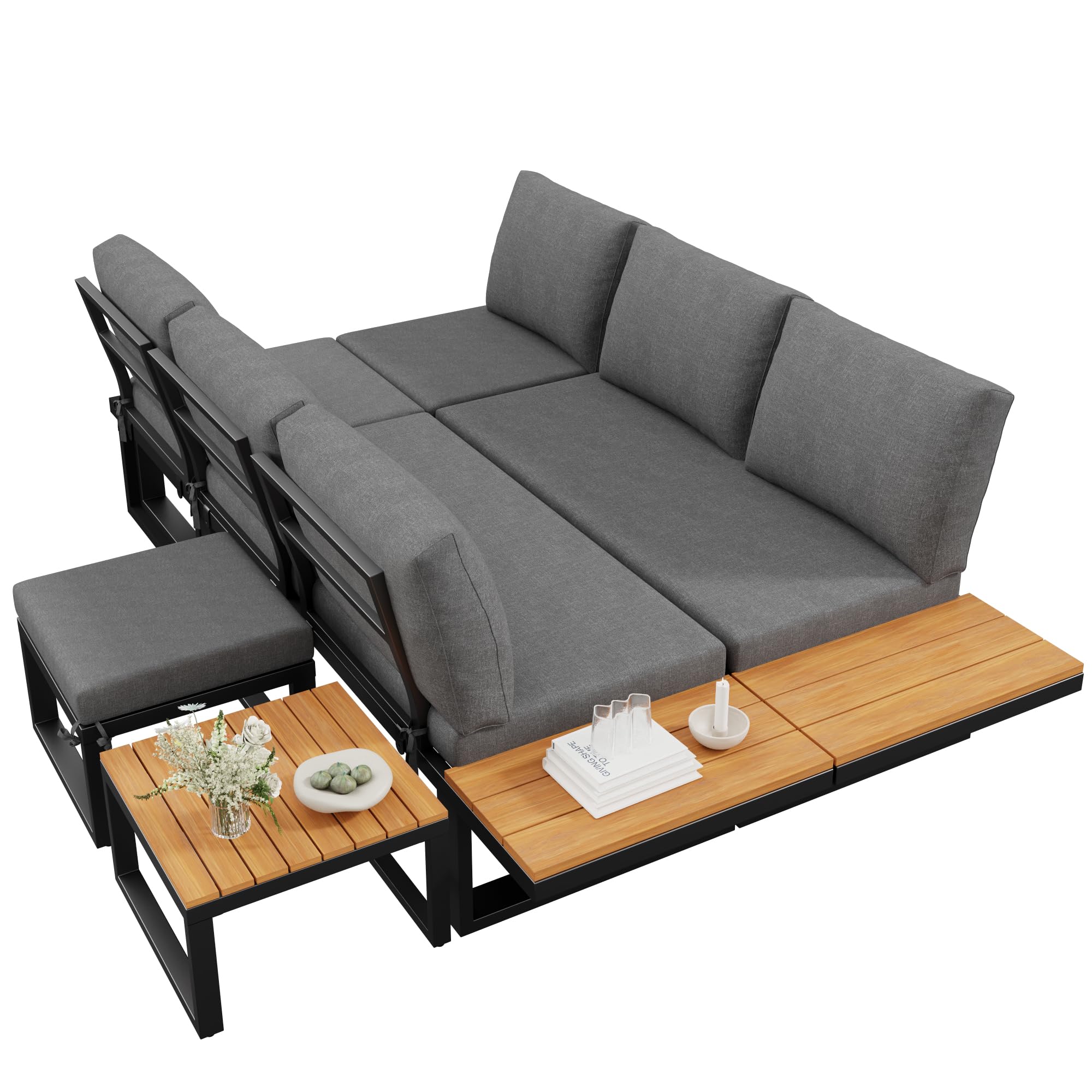 Kebnor Juego de salón de jardín de 6 piezas con respaldo ajustable, sofá esquinero con mesa de café y taburetes, estructura de acero resistente a la intemperie, cojines de asiento en gris/beige, para