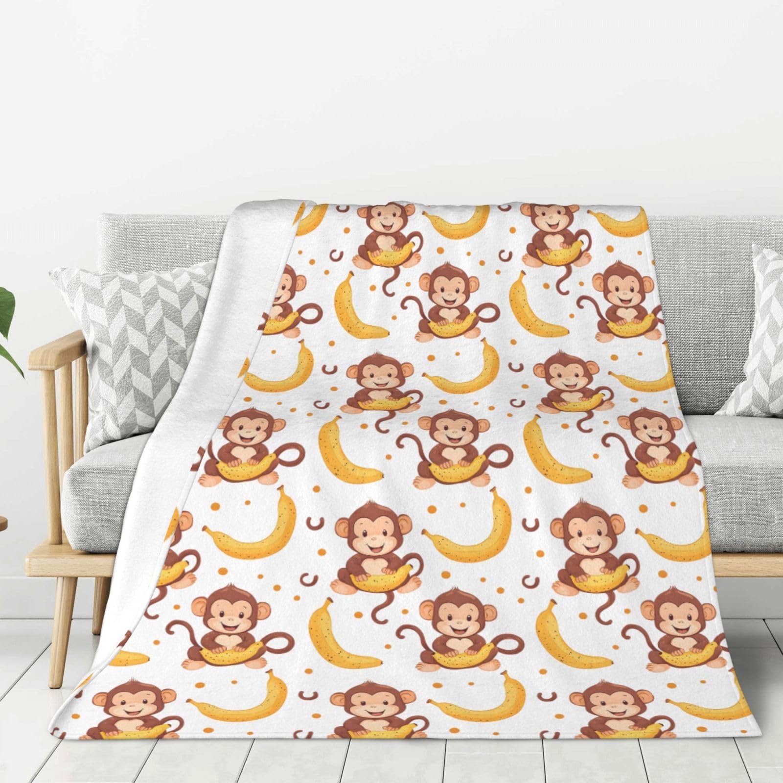 Couverture douce singe banane en flanelle légère 127x152 cm pour canapé