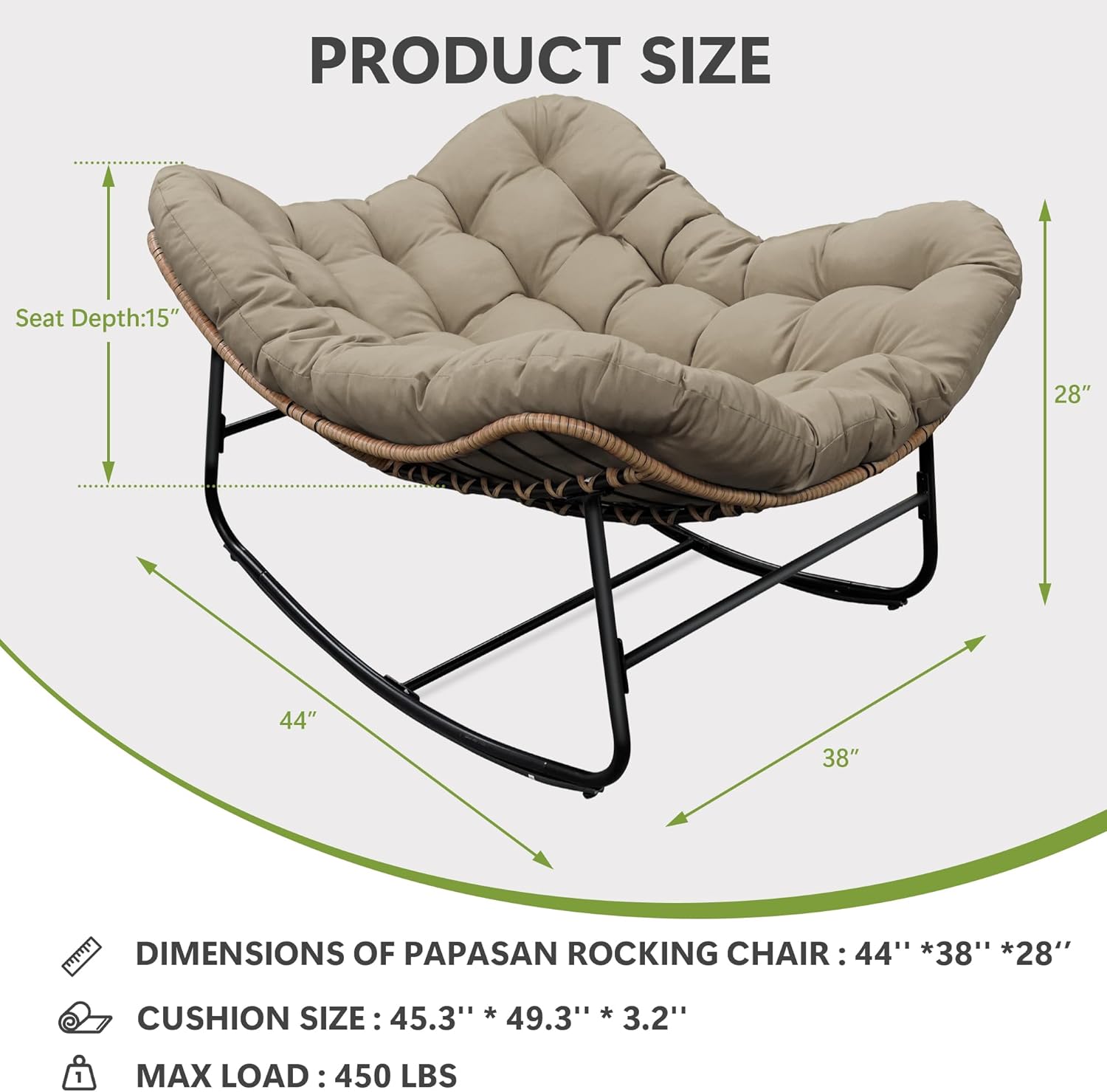 Papasan Rocking Chair, Oversized Papasan Chair with Cushion and Frame for Indoor& Outdoor, Deep Seat Egg-Shaped Rocker Chair for Garden, Deck, Living Room, Brown