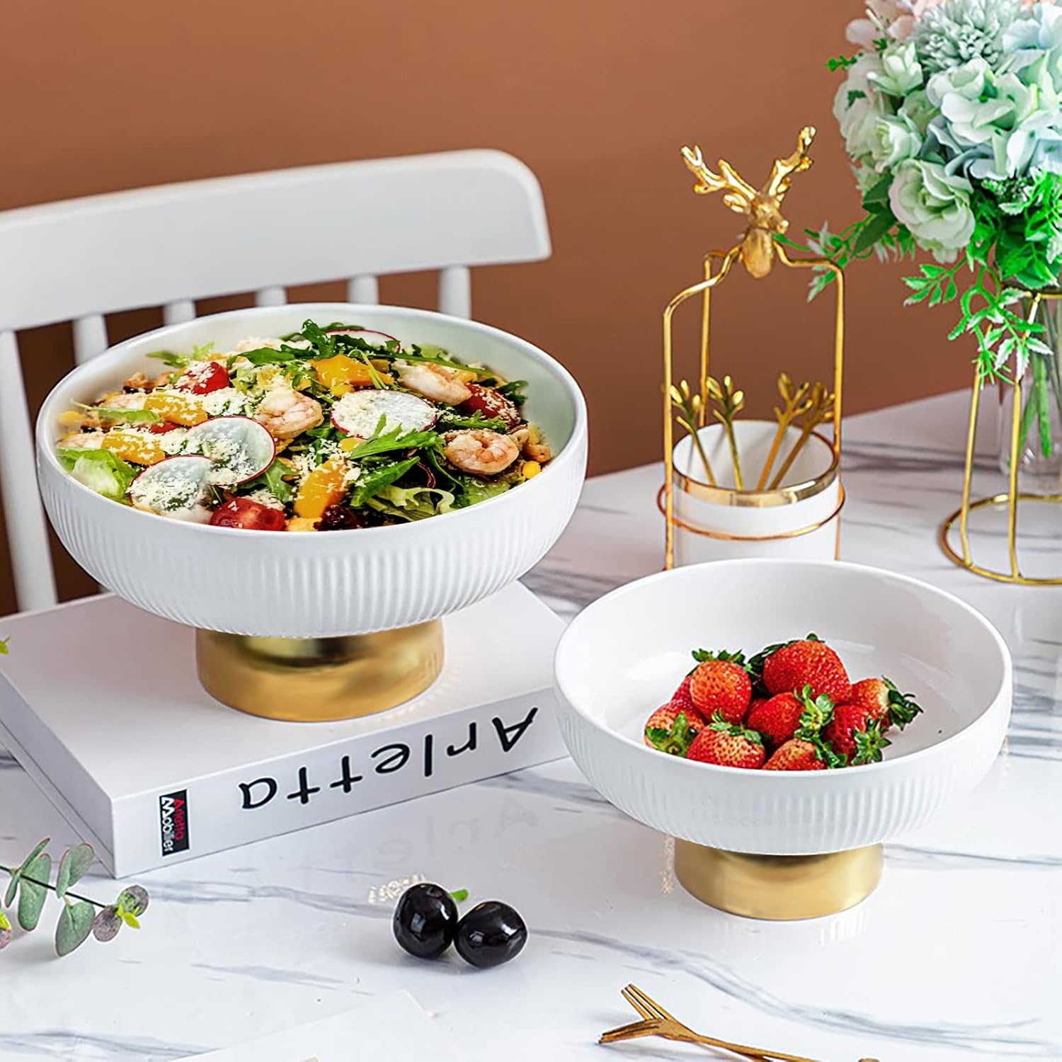 Ceramic Fruit Bowl,11-Inch Large Decorative Bowls,White Pedestal Tray and Gold Base, Fruit Bowl for Kitchen Counter, Bread and Fruit Trays,Salad or Dessert Display Trays for Parties. (XL)