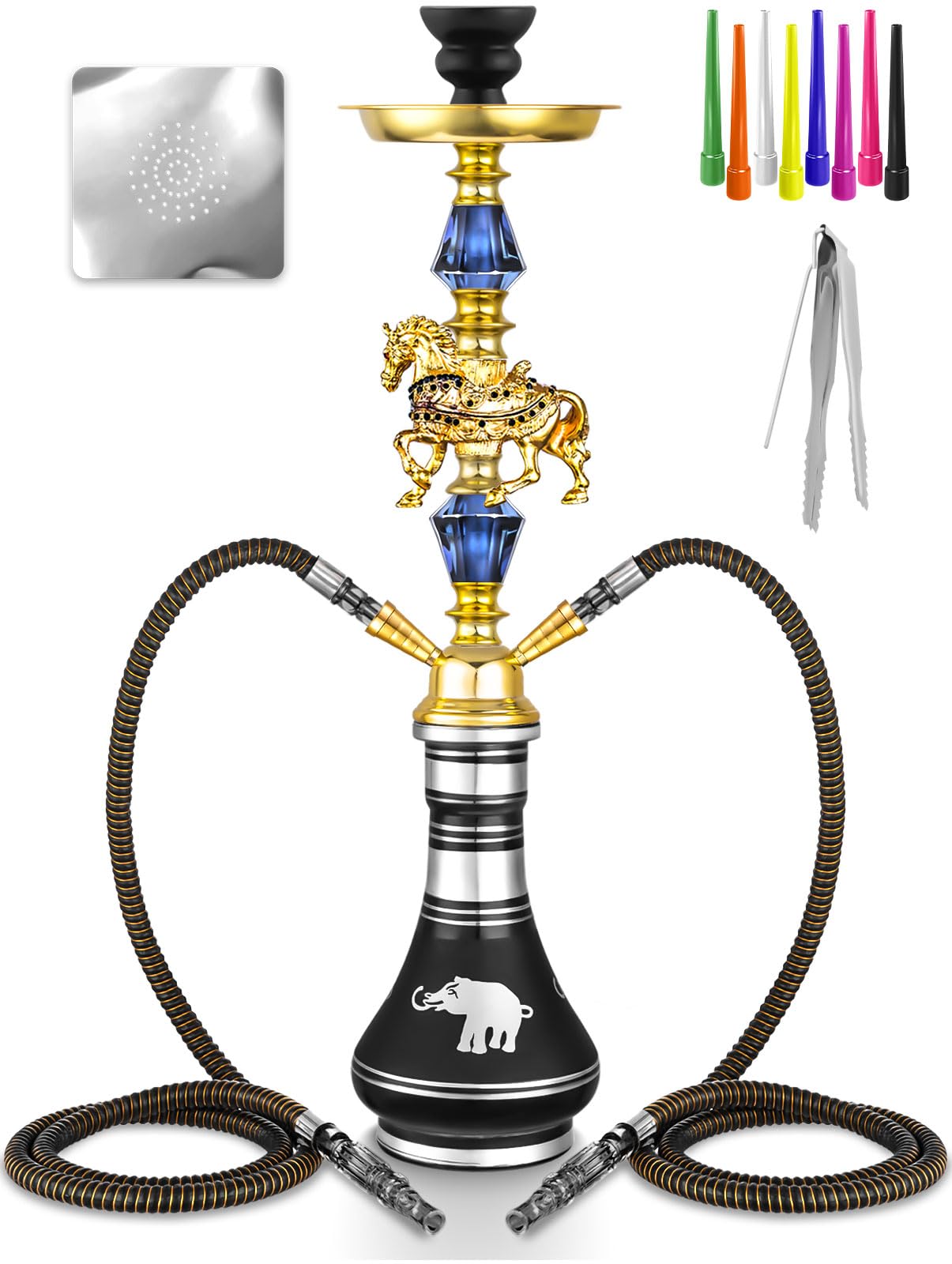 2 Hose Hookah Set 20'' Shisha Hookah Complete Set With Elephant Glass Vase, Ceramic Bowl, Coal Tong, Leather Hose, 50 Hookah Foil, 50 Hookah Tips (Black Horse)