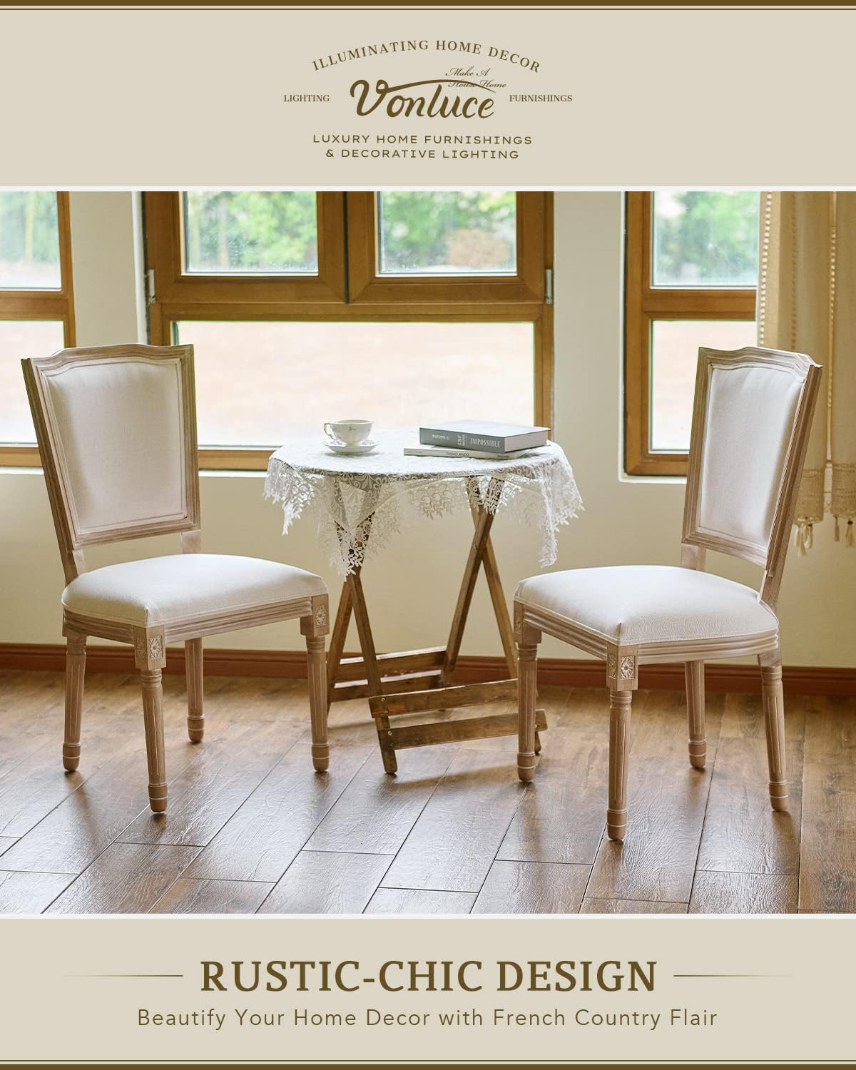 VONLUCE Vintage Farmhouse Dining Chairs – Set of 6 French Country Upholstered Memory Foam Dining Room Side Chair with Square Back Solid Wood Legs – Accent Side Chairs for Kitchen Living Room Bedroom 6pcs With Square Back