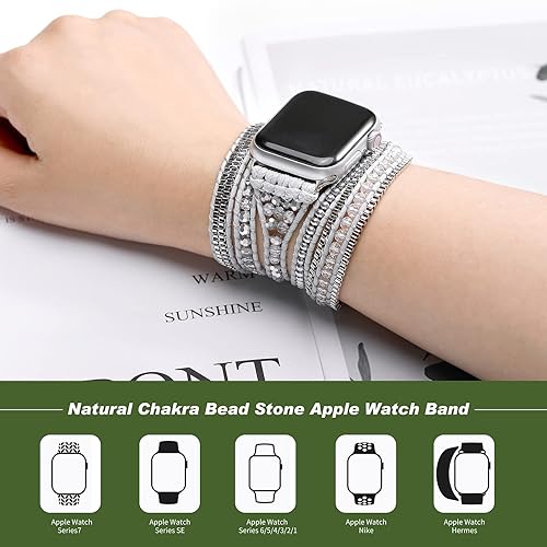Miniatura 5 de Boho 5 Wrap Bracelet Compatible with Beaded Apple Watch Band for Women Men 42mm44mm45mm49mm, Handmade Crystal Stone Bead Watch Strap for Iwatch Band