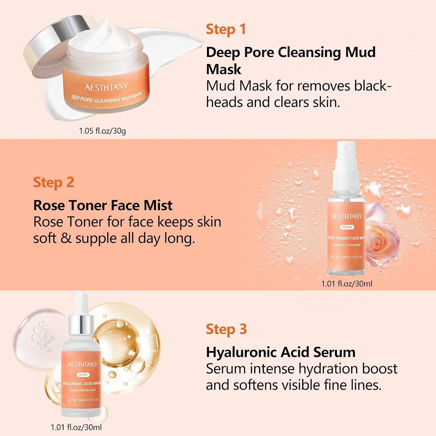 Hyaluronic Acid & Collagen Skincare Gift Set, 3-Piece Facial Care Kit with Hydrating Serum, Rose Facial Mist & Deep Cleansing Clay Mask for Daily Skin Care - Image 5