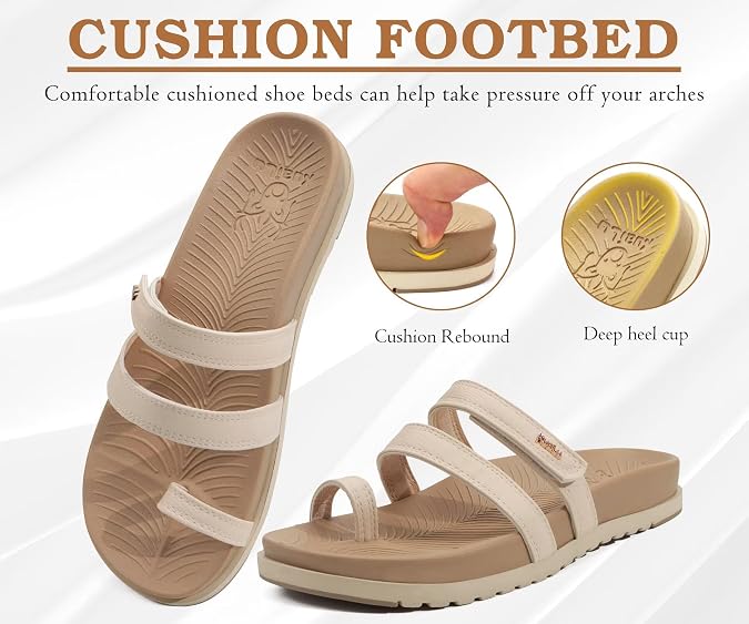 KuaiLu Womens Slides Sandals with Plantar Fasciitis Arch Support Fashion Comfort Adjustable Flat Sandals Ladies Lightweight Orthotic Slip on Sandals