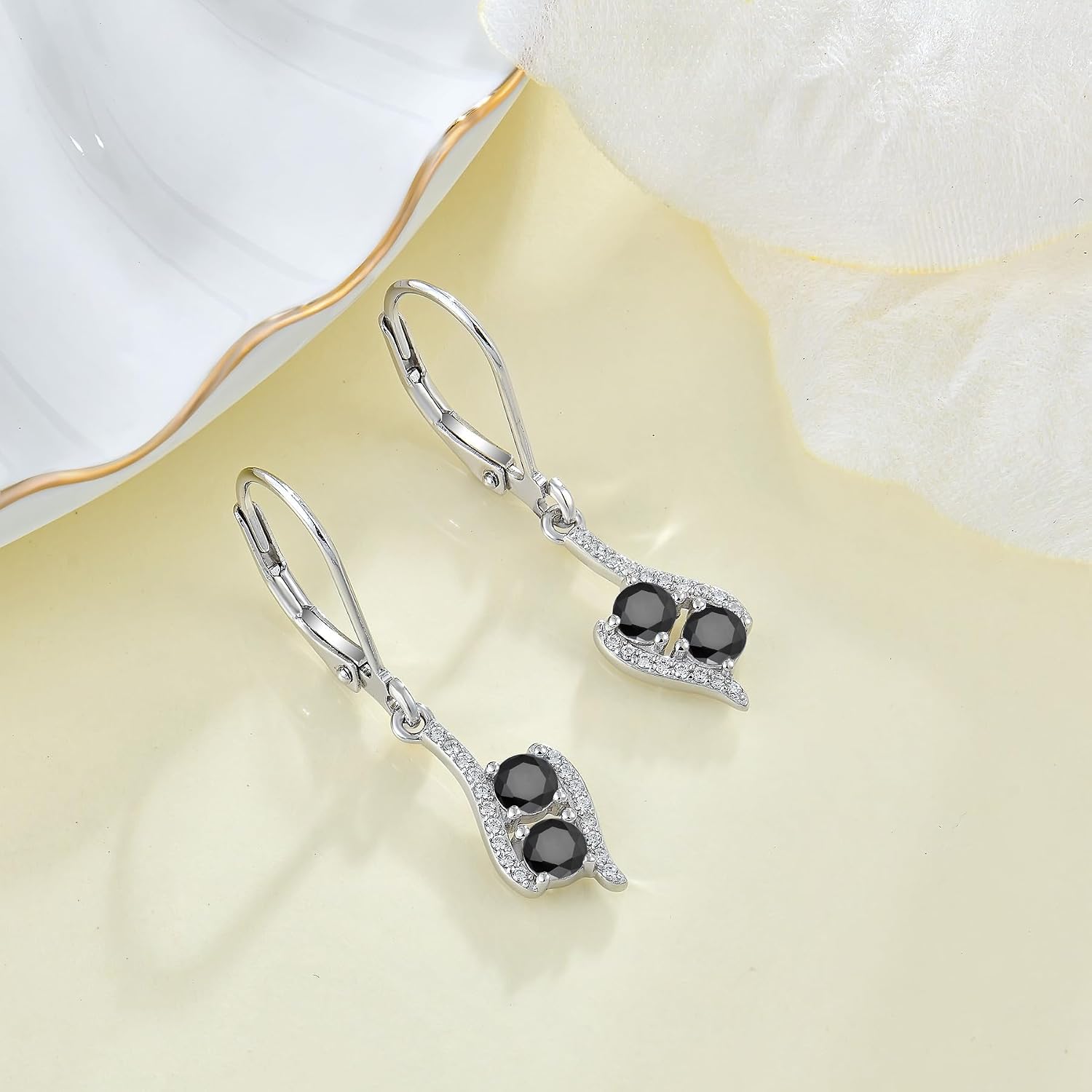 Black Earrings 925 Sterling Silver Leverback Drop Dangle Earrings 5A Cubic Zirconia Jewelry for Women