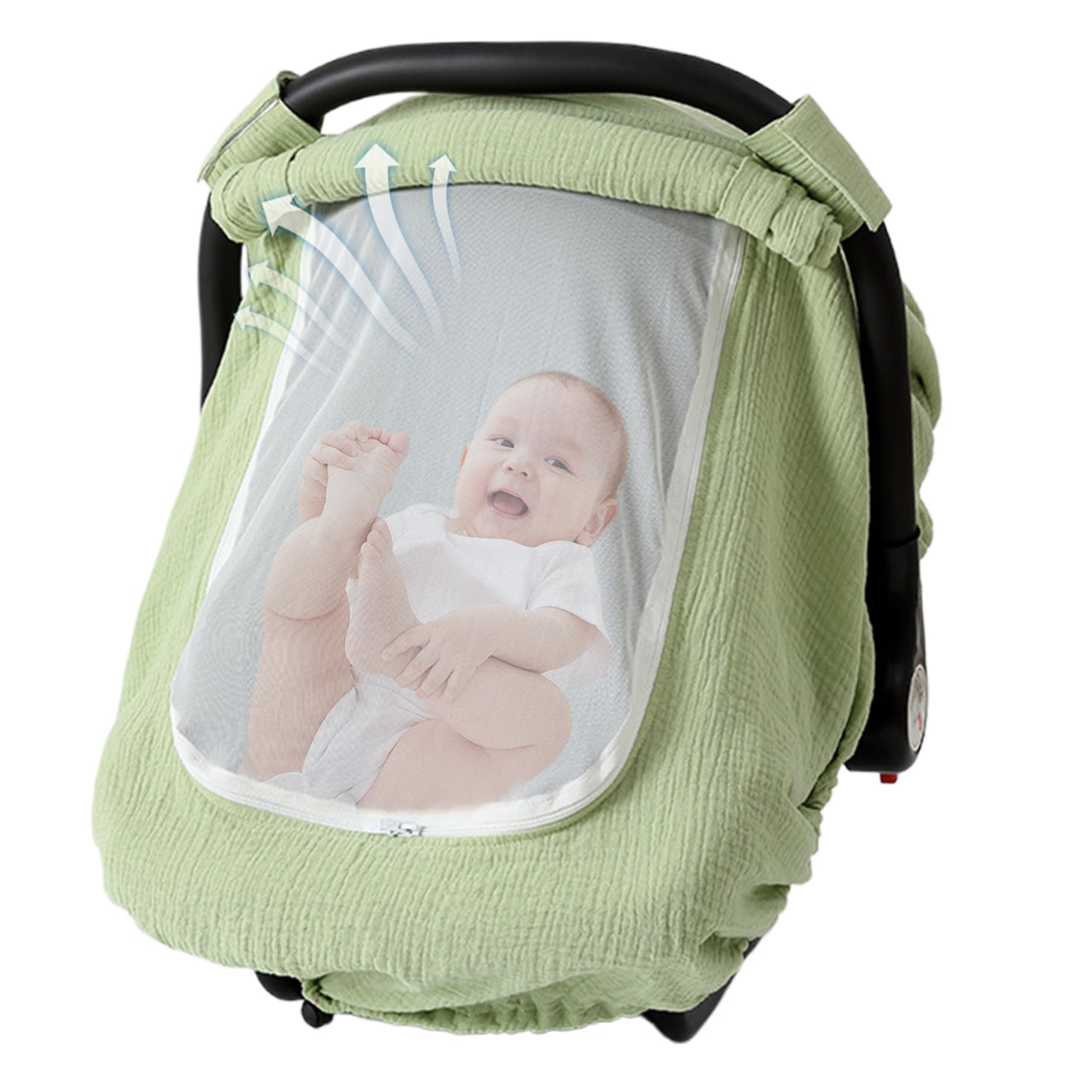 Car Seat Cover Baby 360 Protection Cotton Gauze Baby Car Seat Cover with Breathable Mesh Fabric Lightweight for Boys Girls, Mint Green