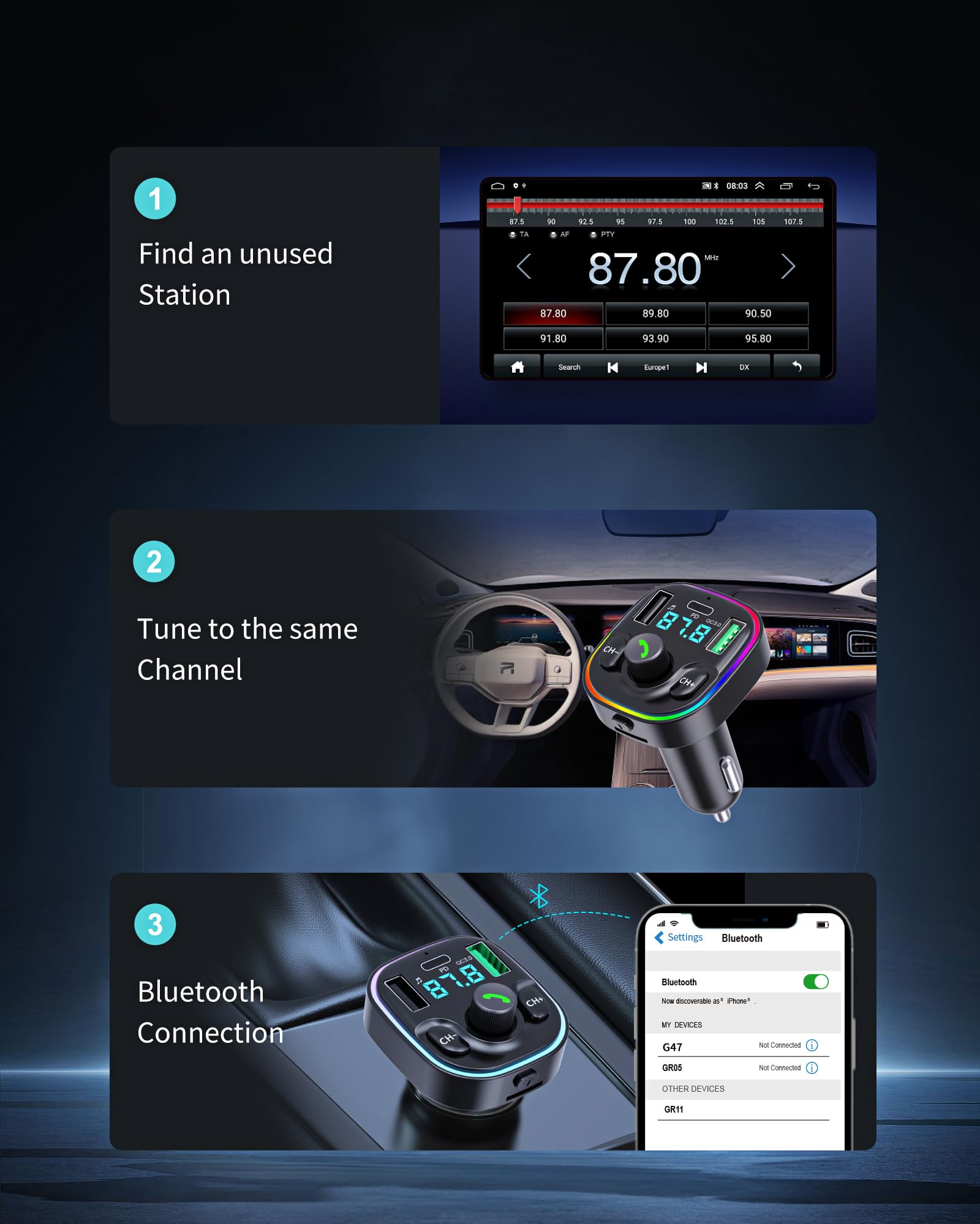 Adattatore per auto Bluetooth 5.3 Trasmettitore FM - Adattatore per auto Bluetooth con caricatore rapido [PD 30W & QC3.0 18W], Hi-Fi Audio & Clear Calls, supporta Bluetooth, U-Disk