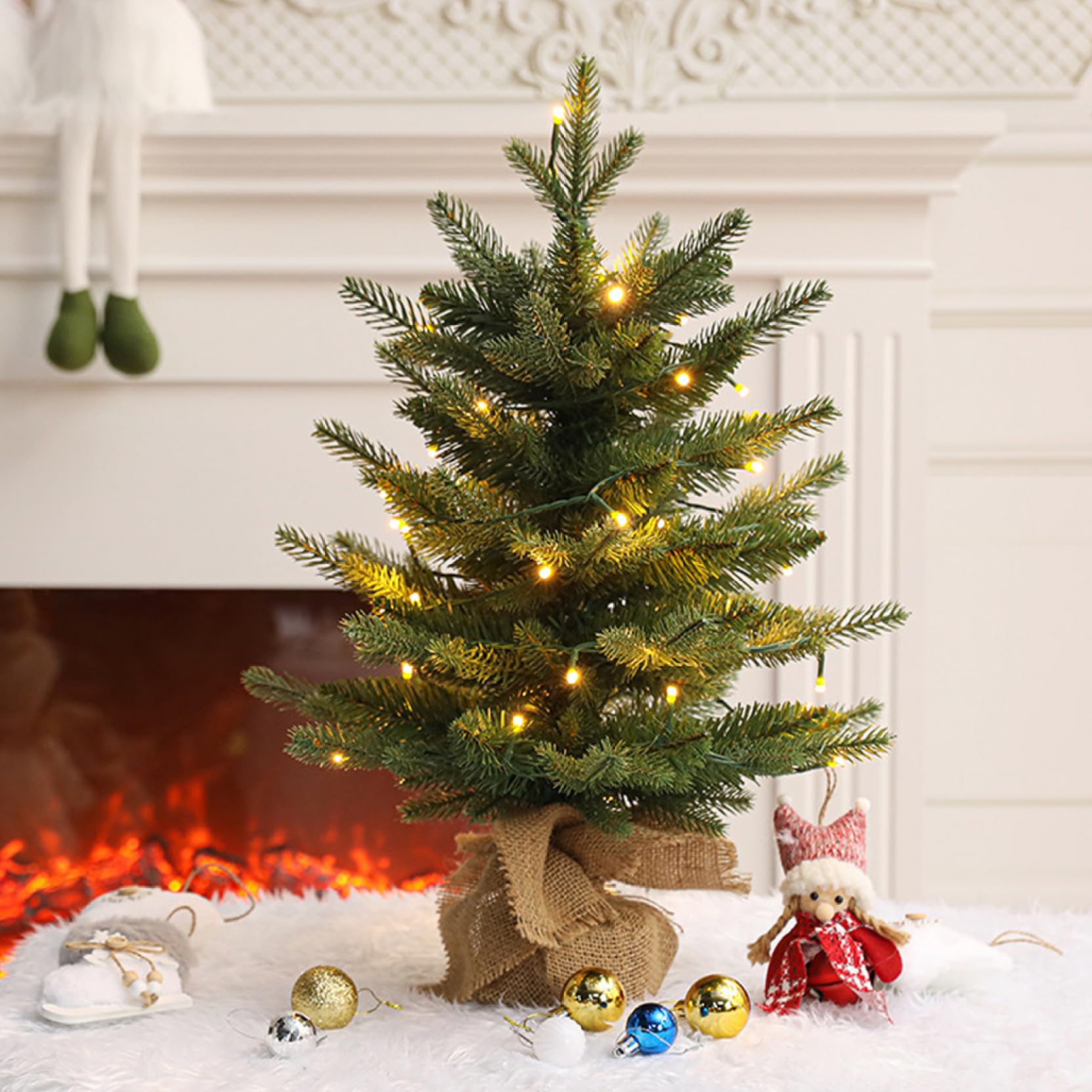 Piccolo albero di Natale con luci Decorazioni da tavola natalizie floccate realistiche da 18 pollici squisite per casa, ufficio, negozio