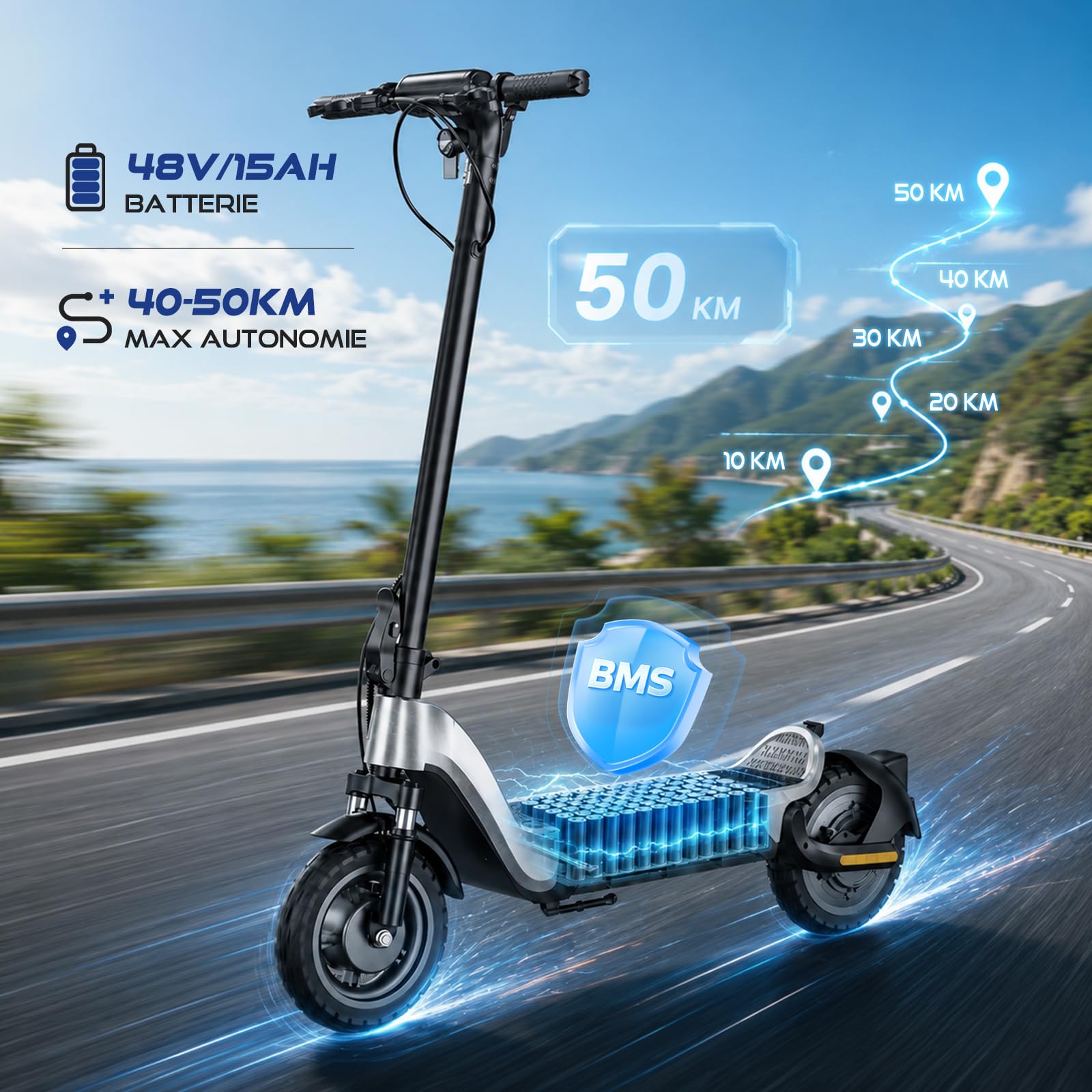 X3 Trottinette Électrique Adulte 48V 15Ah – Autonomie 50KM, Pneus 10" Tout-Terrain, Double Suspension, App Mobile, Freins à Disque, Cadre Magnésium Pliable