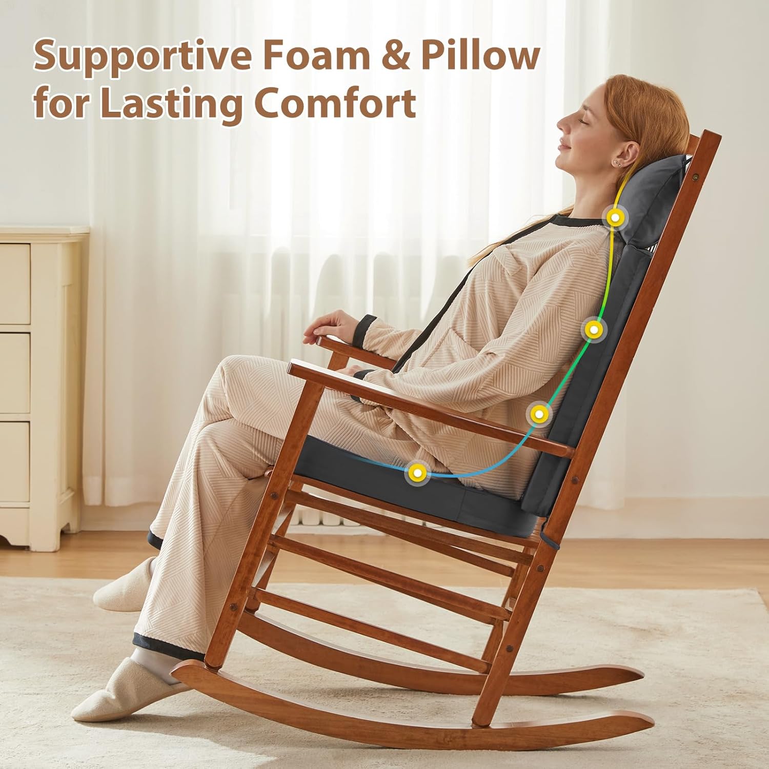 Waterproof Rocking Chair Cushions Outdoor & Indoor, Wooden Rocking Chair Pads set of 2, Non-Slip Large Glider Rocker Replacement Cushions with Pillow & Ties,Seat & Back Cushion for Rocker Grey