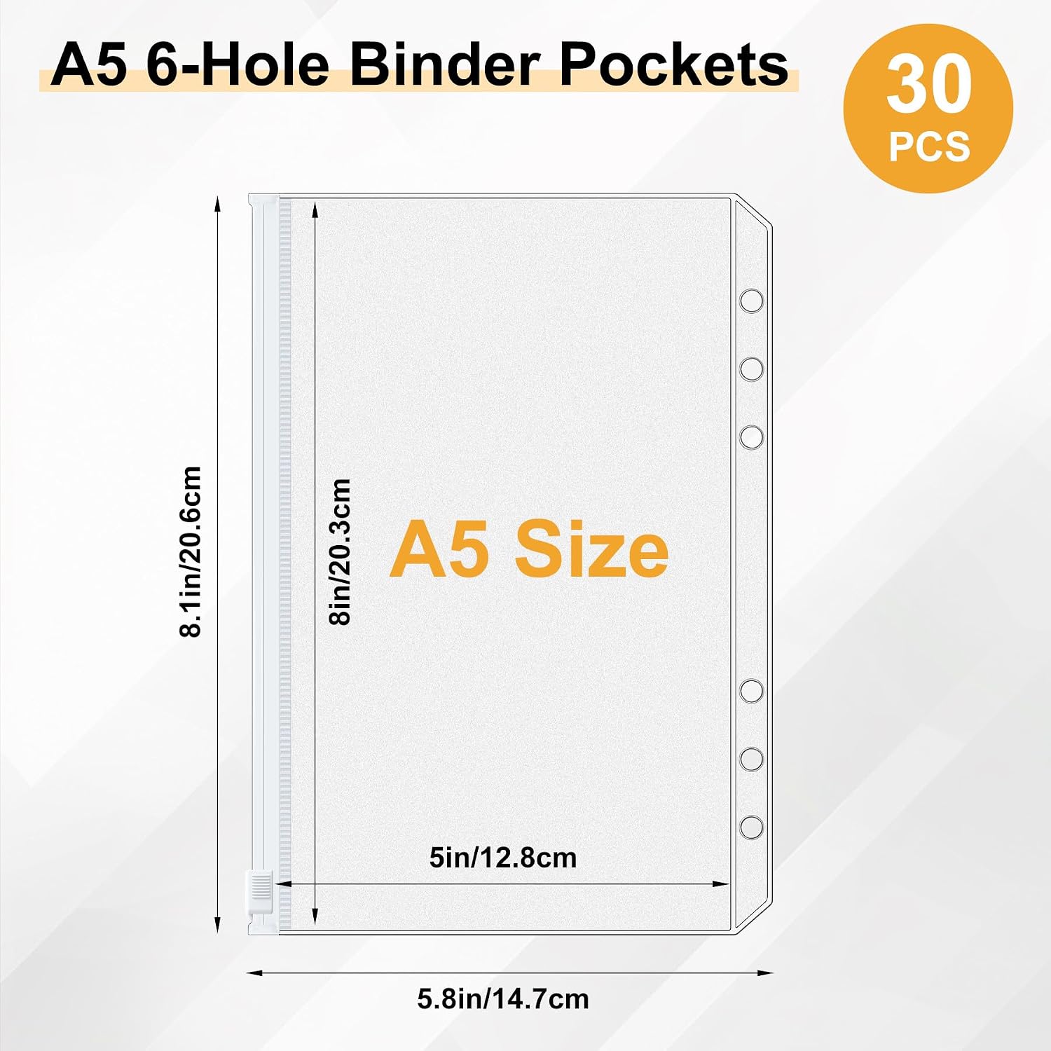30PCS A5 Binder Pockets 6-Hole Planner Inserts for A5 6-Ring Binders | A5 Budget Binder Envelopes, Clear Zipper Pouches, Planner Accessories, Waterproof, Side-Open, Acid-Free, Archival Safe