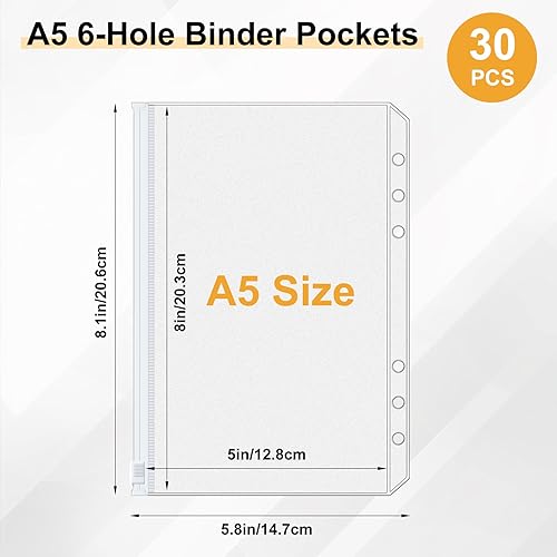 Miniatura 2 de Antner 30 bolsillos A5 para carpeta de 6 agujeros, sobres de relleno de dinero para organizador de dinero, carpetas blancas con cremallera,