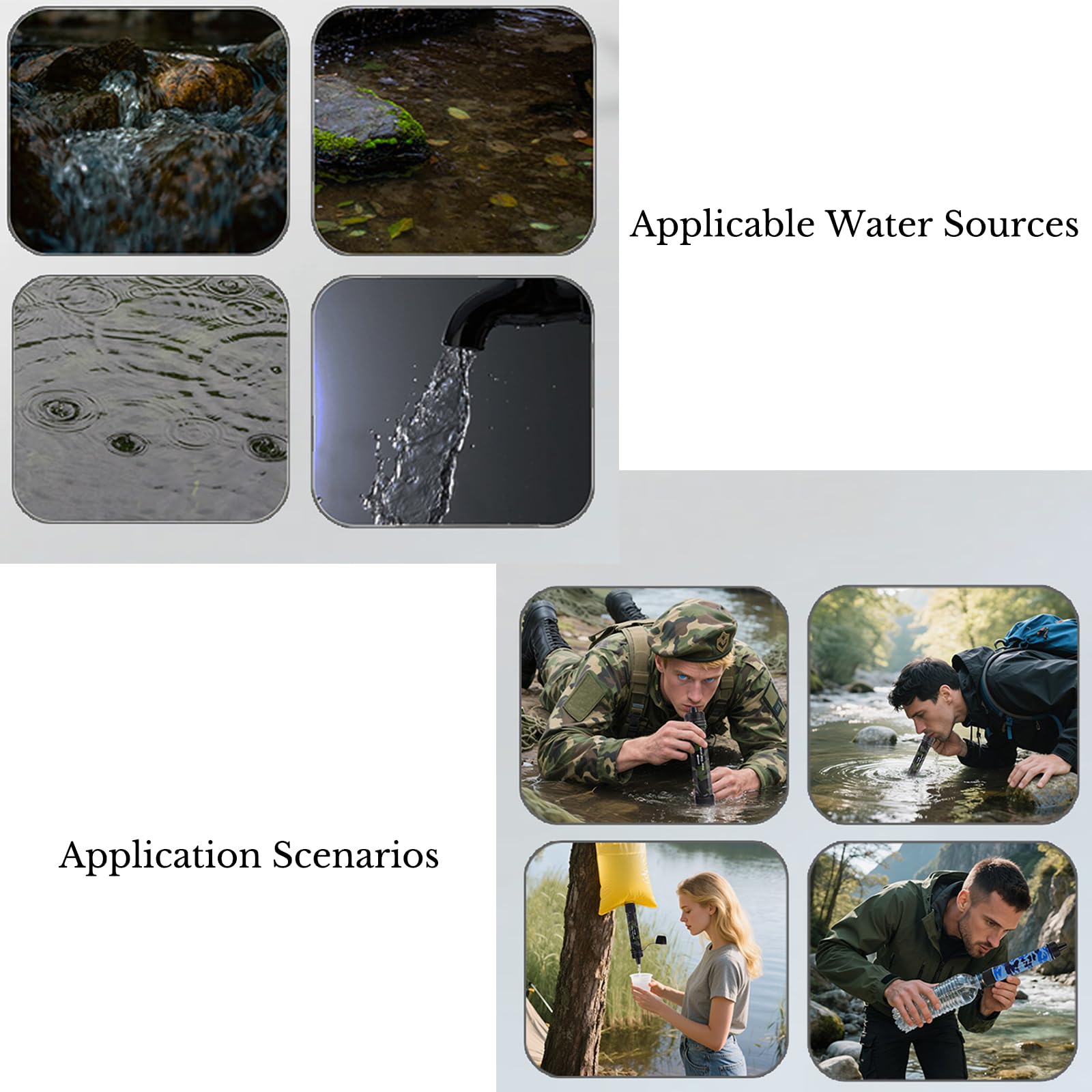 Lot de 4 pailles filtrantes à eau de survie pour randonnée et camping, purificateur d'eau personnel portable 2025, longue durée de vie de 3 000 L, comprend une bouteille et des adaptateurs de poche