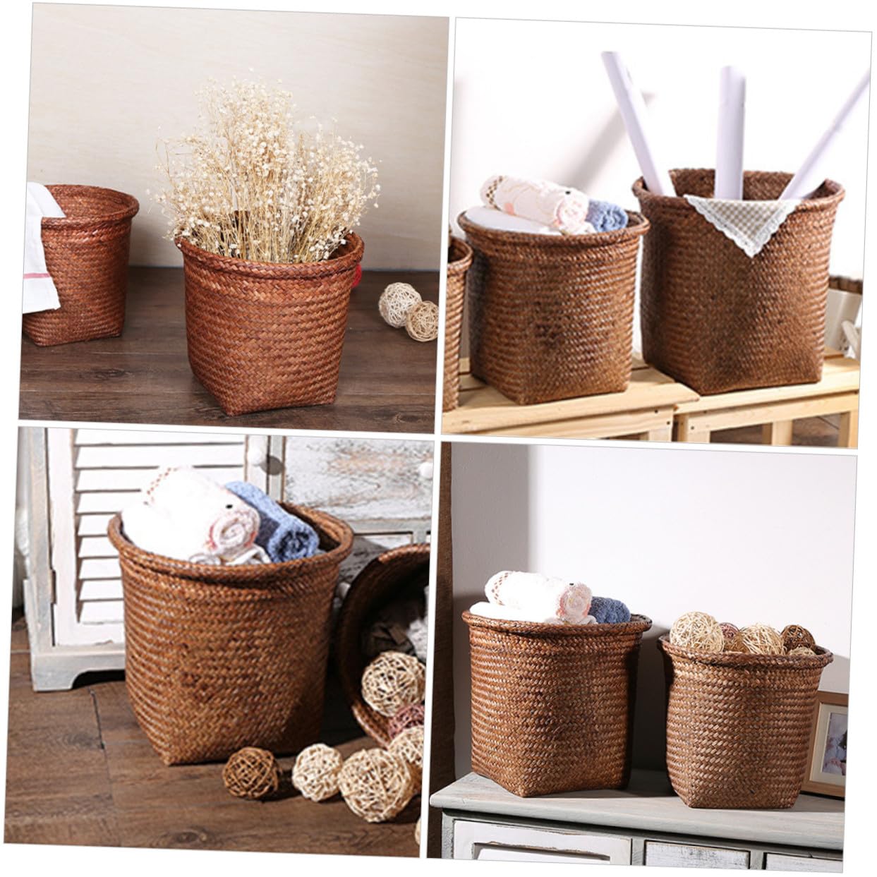 Woven Trash Can Decorative Storage Basket with Smooth Edges Hand-Woven Frame for Bedroom Bathroom Office Home Organization