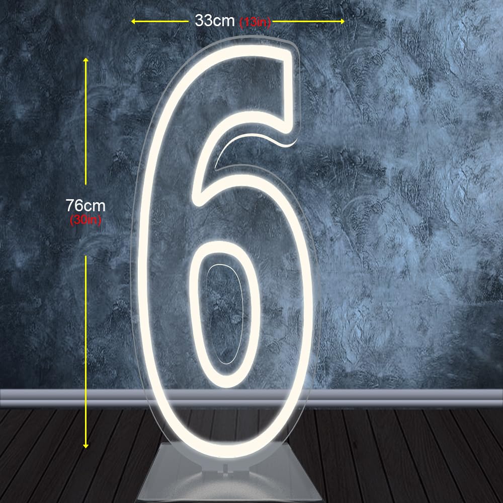 DS&DV Insegna luminosa con numeri al neon a LED, dimmerabile, con base autoportante, per decorazione per feste (bianco freddo, numero 6)