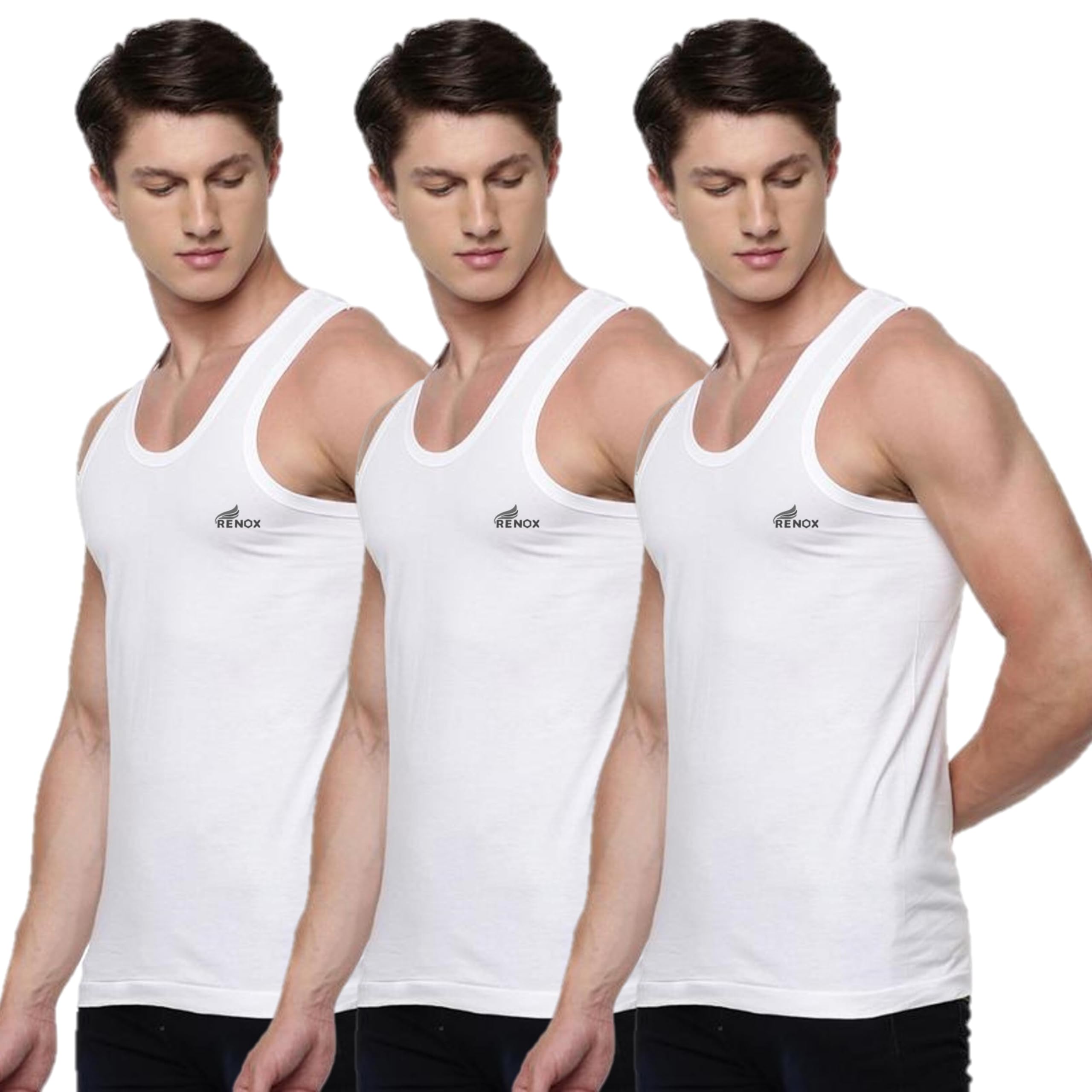 renox Men's Cotton Sleeveless RN Vest | Colour - White | Size - P - Pack of 3-picture-28