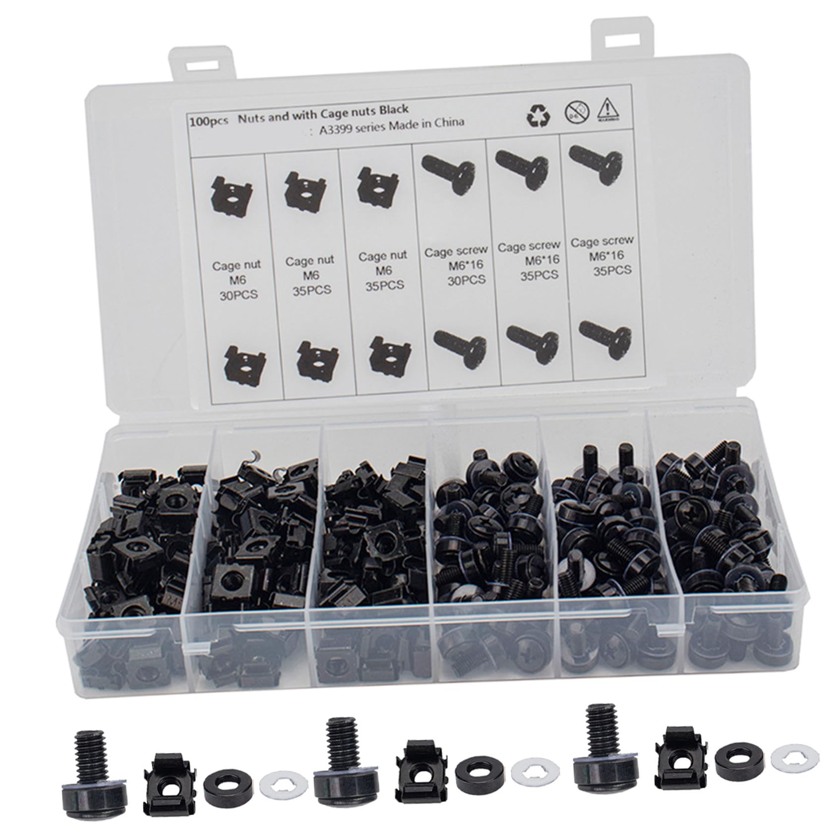Cabilock Juego De 100 Tornillos M6 Para Rack Industrial, Tuercas Cuadradas Enjauladas y Arandelas Metálicas Negras, Kit Multifuncional Para Montaje En Bastidores y Armarios De Equipos Profesionales
