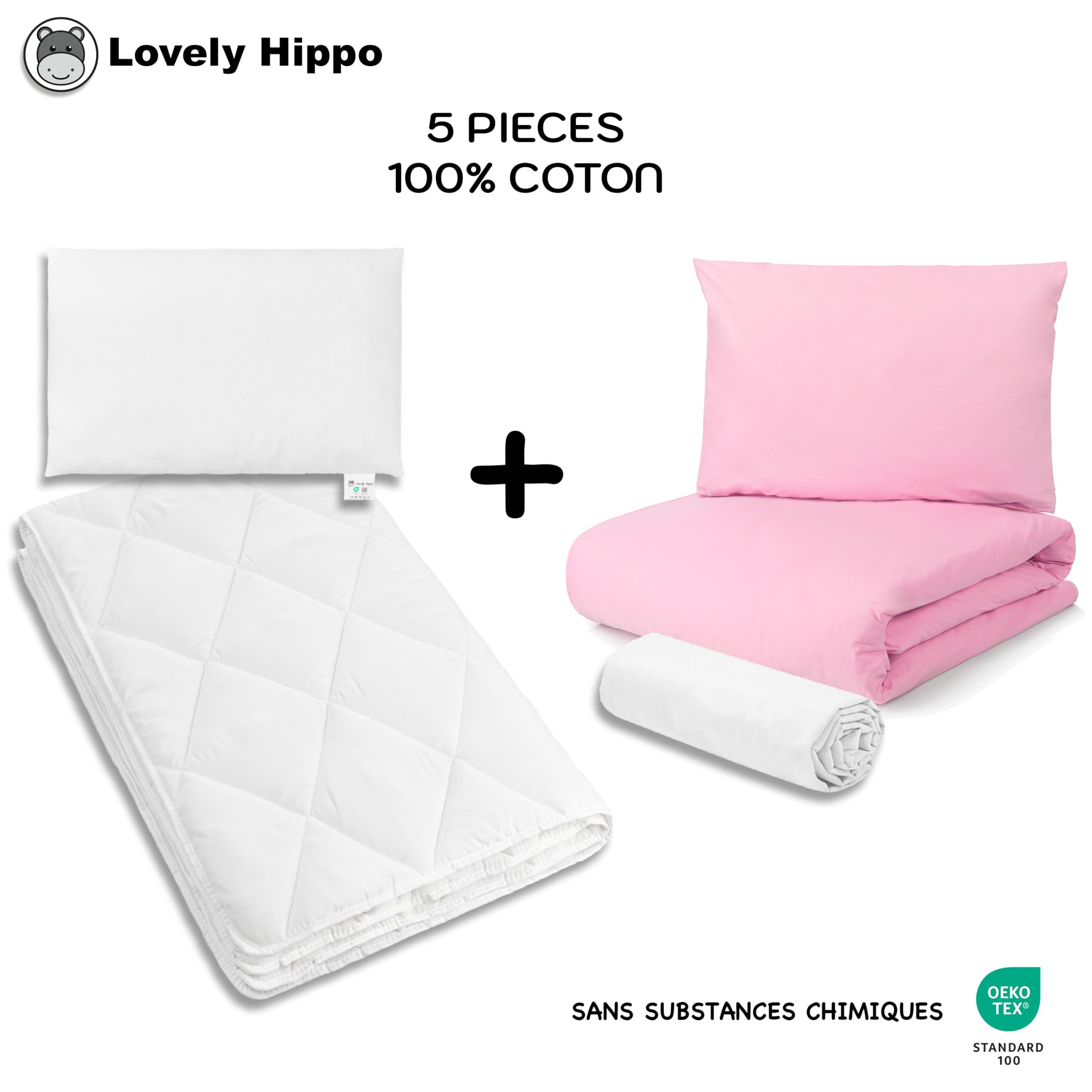 Drap Housse 80x160 (100% Coton) + Couette + Housse de Couette 120x170cm + Oreiller + Taie Oreiller 40x60cm - Parure 80x160 pour Lit Cabane (Blanc/Rose, Parure 80x160 cm (5 pièces))