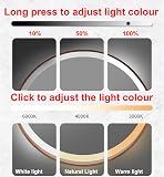 Miroir lumineux avec cadre en bois, miroir de salle de bain LED rond, miroir cosmétique mural éclairé, miroir de maquillage avec capteur tactile, lumière LED à intensité variable 3 couleurs, IP44 - 4