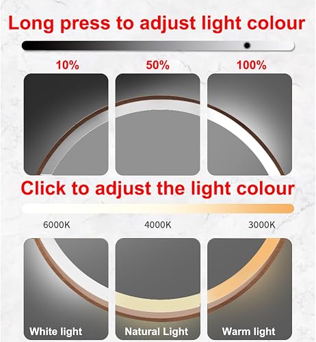 Miroir lumineux avec cadre en bois, miroir de salle de bain LED rond, miroir cosmétique mural éclairé, miroir de maquillage avec capteur tactile, lumière LED à intensité variable 3 couleurs, IP44 - 4