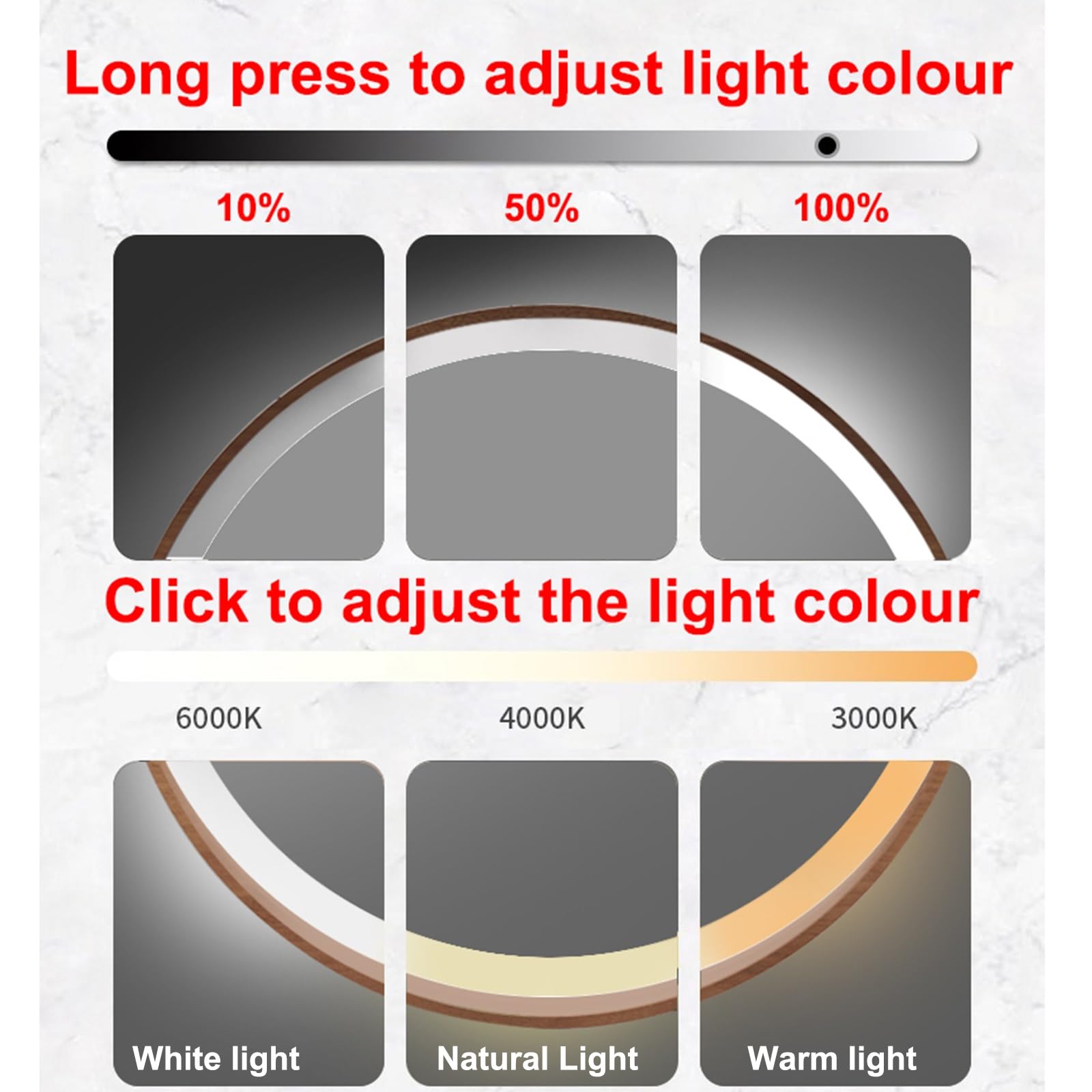 Specchio Espejo de baño LED con Marco de Madera, Espejo de maquillaje Redondo con Sensor táctil, Espejo iluminado de pared, Luz LED regulable de 3 Colores, Resistente al Agua IP44.