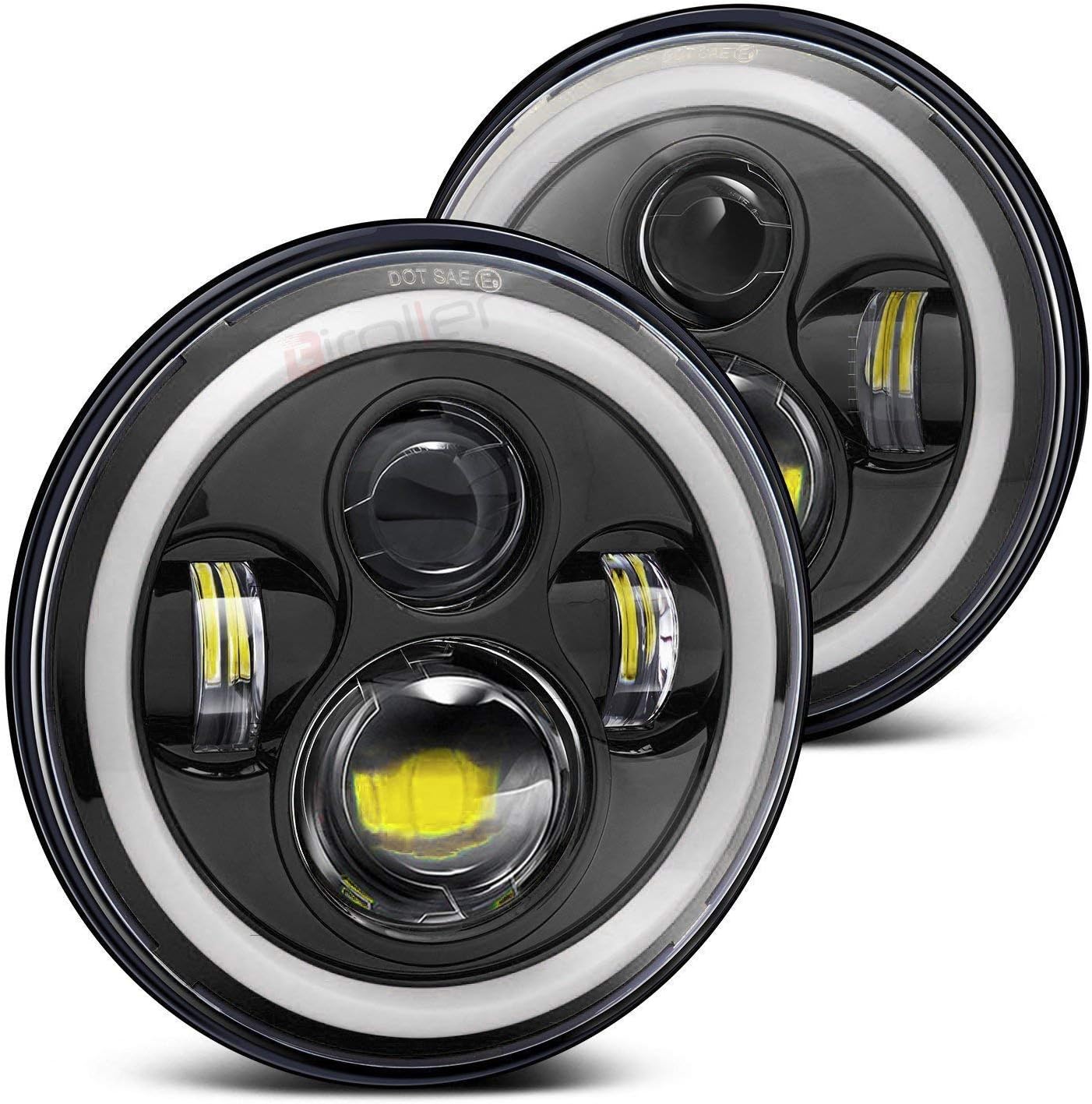 BR7IH2P 7 Inch Round LED Headlight with Full Ring Hi/Lo Beam Halo Angel Eyes for Jeep Harley Davidson Cruiser (40W)