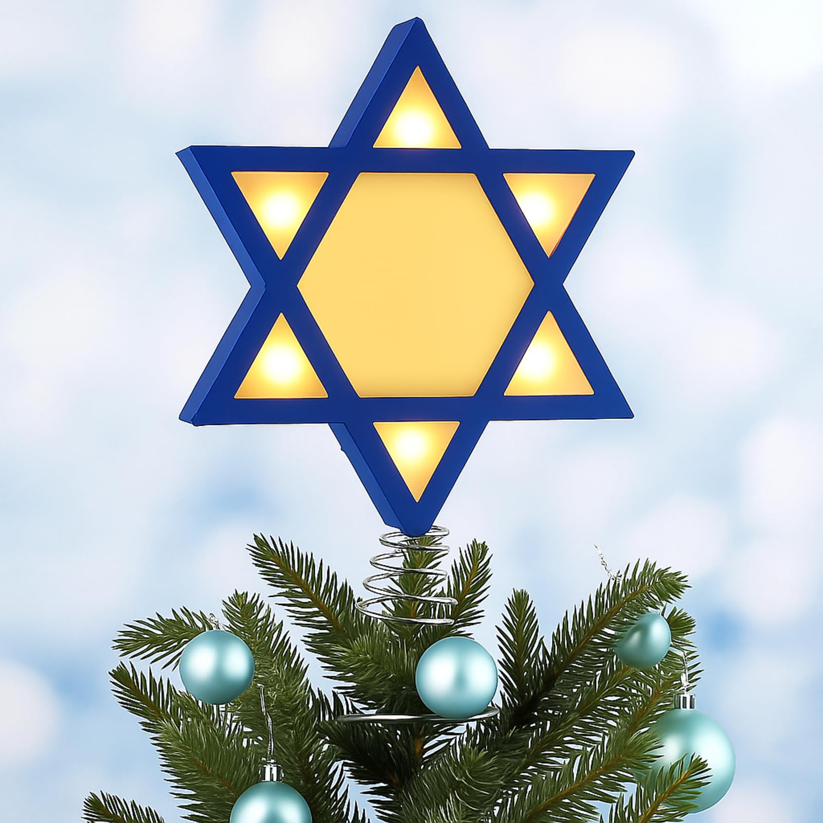 Halloscume Decoración para árbol de Navidad, estrella de David, grande, enchufable, decoración religiosa azul y blanca con luz para interiores y exteriores, decoraciones de Navidad de invierno