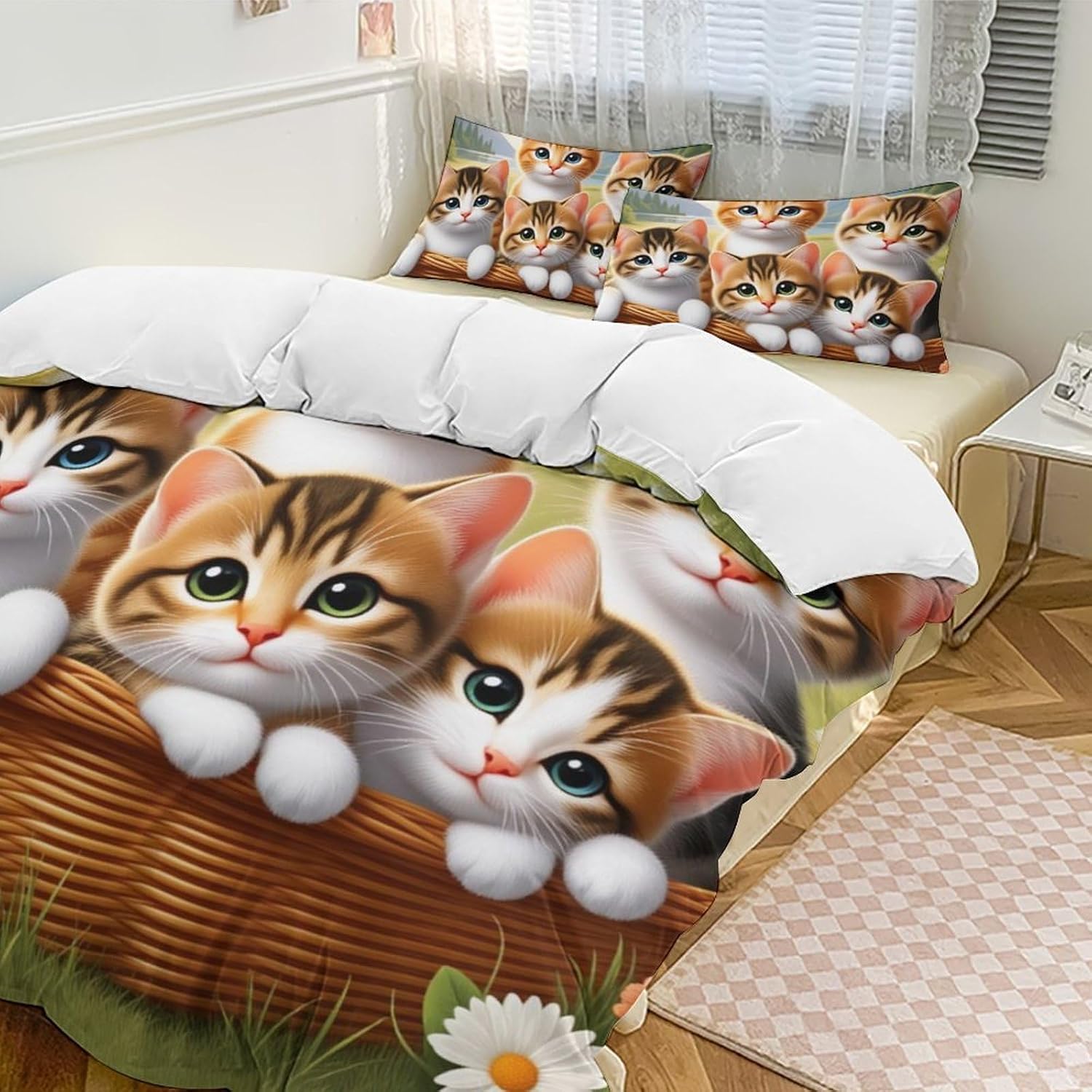 Cute Cartoon Cat 3 Piece Duvet Cover Set with 2 Pillowcases for Kids, Twin Size (86"x70") Soft Brushed Microfiber Bedding Set, Breathable Comforter Cover, Hidden Zipper