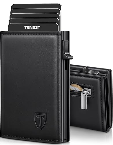 TENBST Geldbörse Herren, Slim Wallet Geldbeutel mit Münzfach & RFID Schutz, Leder Portmonee, 8 Fächer für Kreditkarten, Kartenetui Herren, Geschenke zum Vatertag - Schwarz