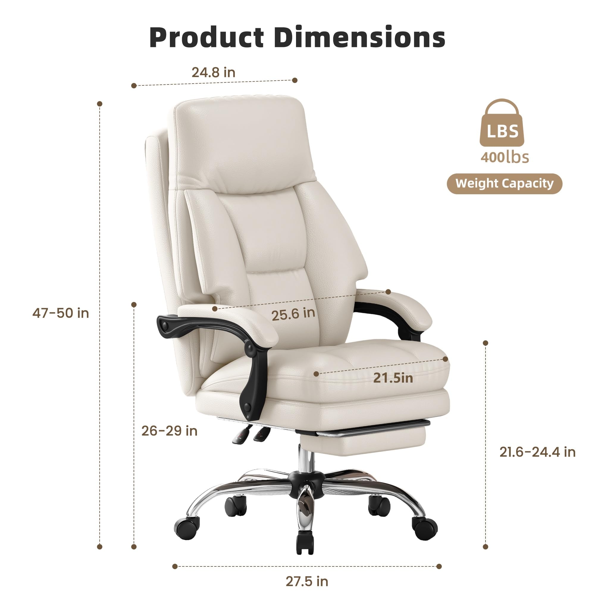 Home Office Desk Chair, 90°-160° Reclining, High Back Executive OfficeChair 400LBS with Footrest, Ergonomic Scratch-Resistant Faux Leather Computer Gaming Chair with Lumbar Support, White