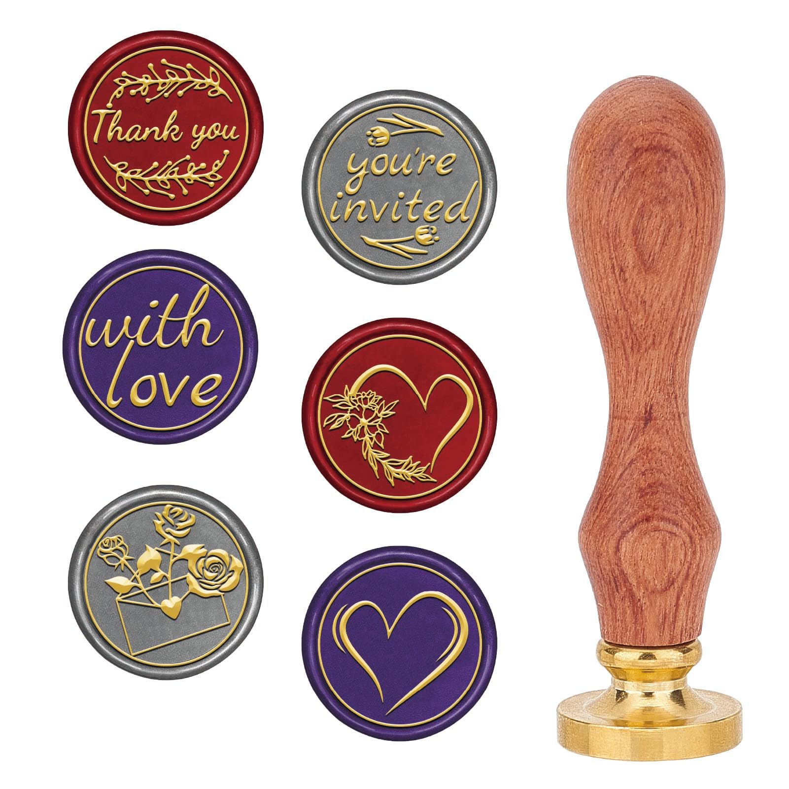 CRASPIRE Wax Seal Stamps Set Rose With Love Sealing Wax Stamp Set 6Pcs Love Heart Removable Golden Brass Stamp Head 1Pc Wooden Handle for Valentine's Day Wedding Invitations Gift Packing Envelopes