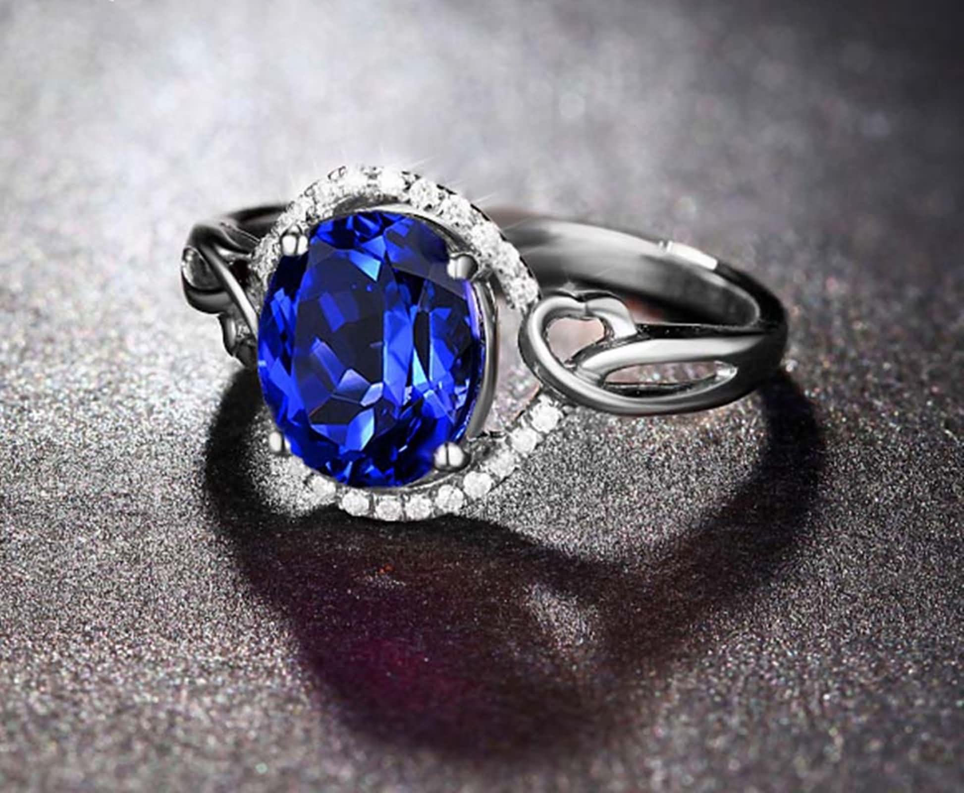Anelli Fidanzamento di Oro Bianco Donna 9K / 14K / 18K, 4 Griffe Ovale con Zaffiro Sintetico e Moissanite, Donna Anello in Blu Argento Eternity