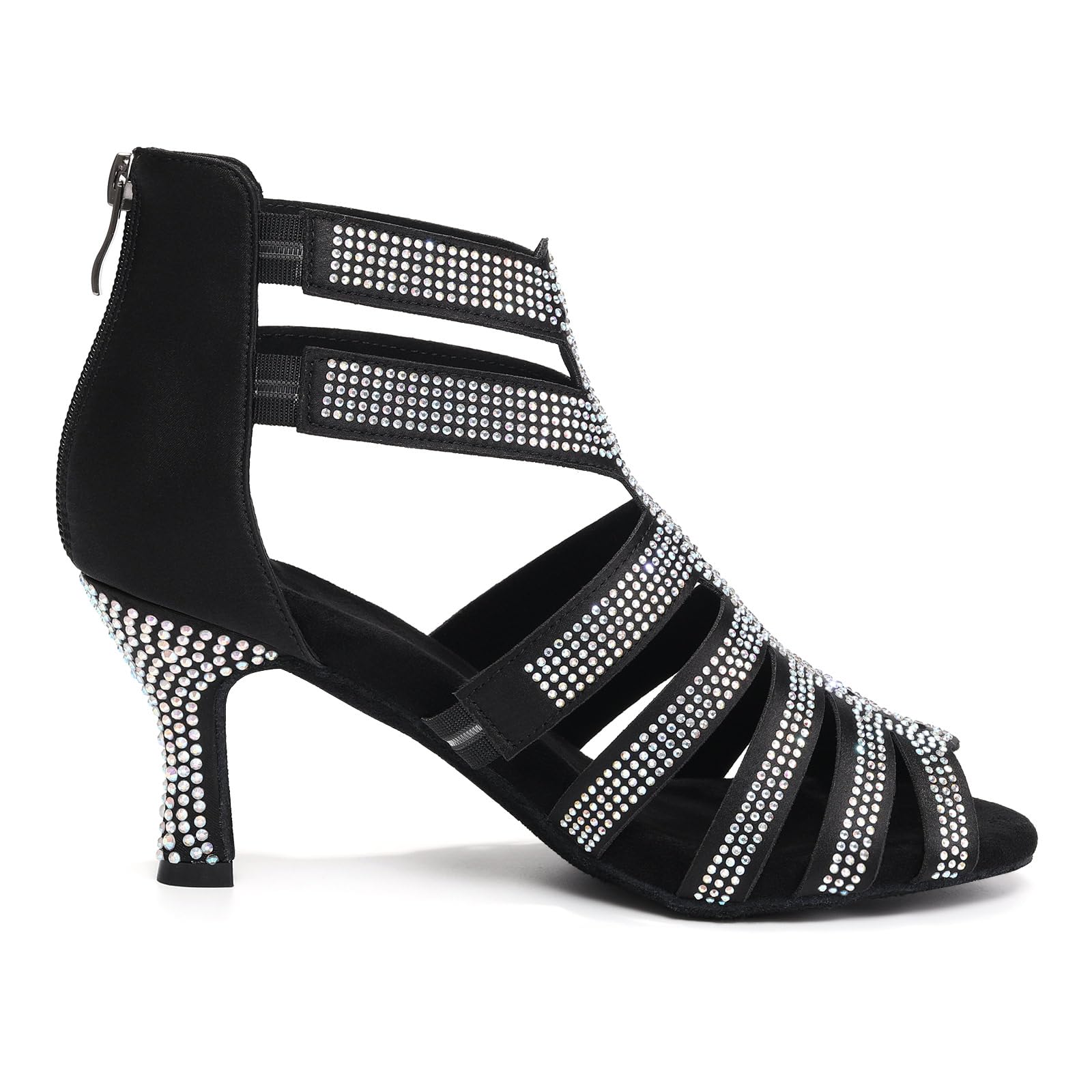 Latein Tanzstiefel Damen mit Strasssteinen Offene Zehe Salsa Tango Ballsaal Party Leistung Tanzschuhe mit Hohem Absatz 7 cm