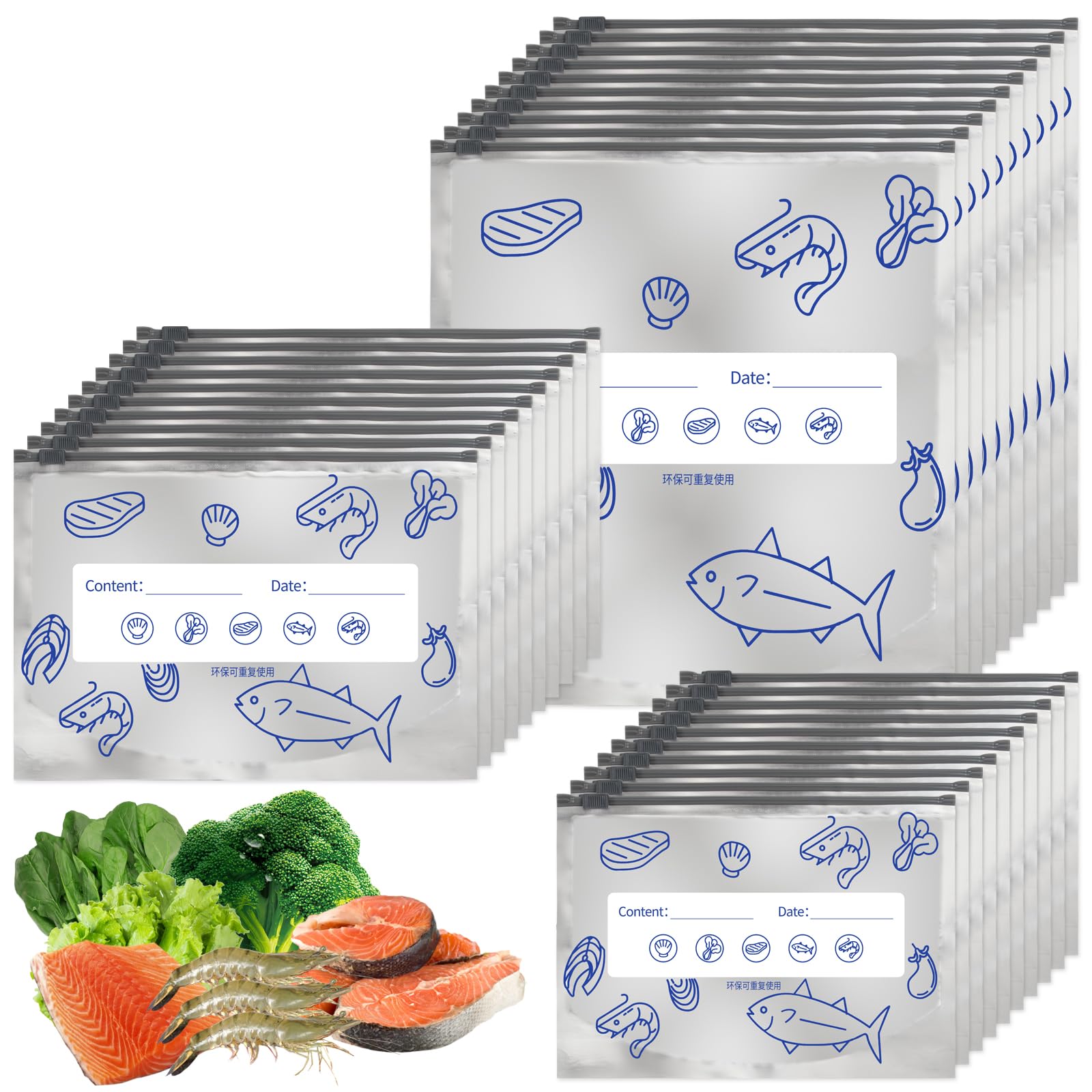 30 Pack Aluminium Foil freezer Bags Cooler Bags for Sandwich Fish Fruits Vegetables and Meat,3 Sizes Reusable Sealed Food Bags zip Seal to Keeping Fresh (30)