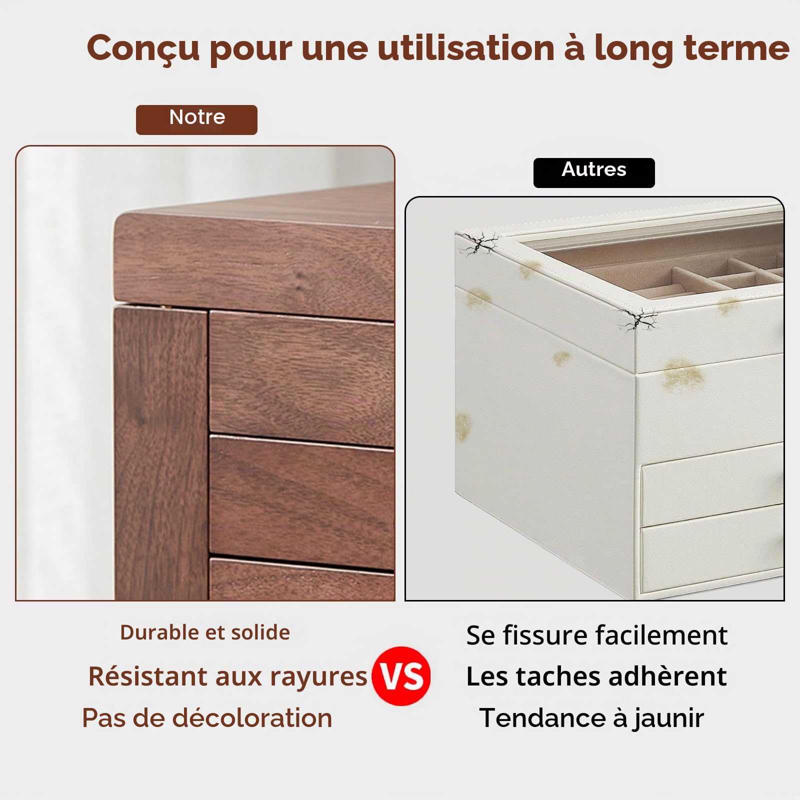 Grande boîte à bijoux en bois pour femme, boîte à bijoux vintage en bois massif, 4 tiroirs avec miroir et serrure, 5 niveaux de rangement pour bijoux, boucles d'oreilles