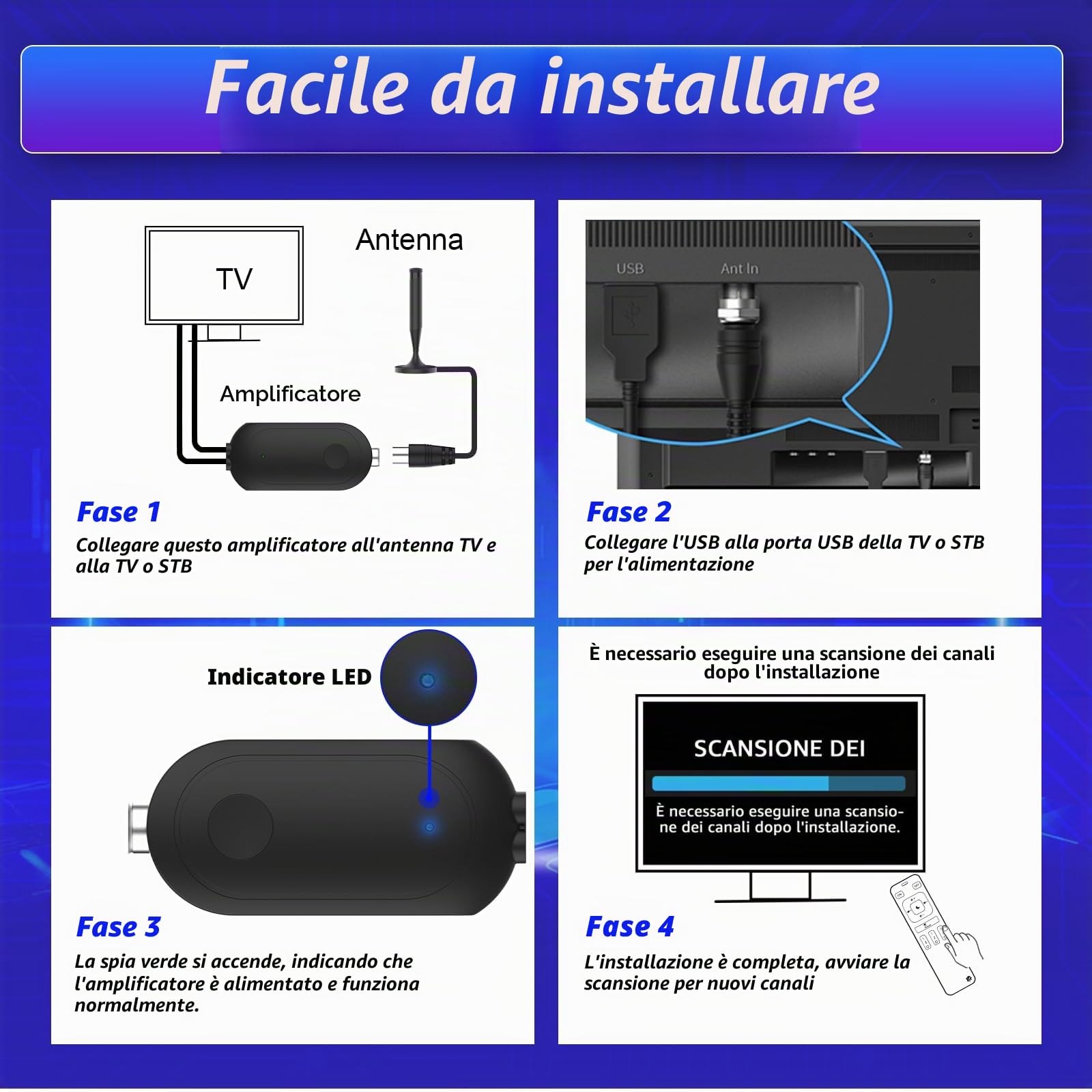 Amplificatore per antenna TV, amplificatore di segnale per ricezione chiara, compatibile con televisori digitali interni, cavo USB da 1 m con cavo da 0,3 m