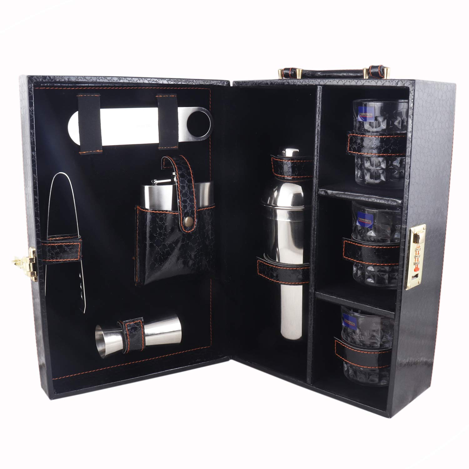 BORSI LEATHERS BAGS 3 Glasses Black Bar Set | Premium Bar Set Bottle Opener with Bottle Opener, Whiskey Glasses