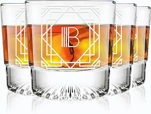 Greenline Goods - Monograma Art Deco Letra B - Vaso de whisky grabado con letra B perfecto para bourbon, whisky, whisky, cóctel - Juego de 4 vasos