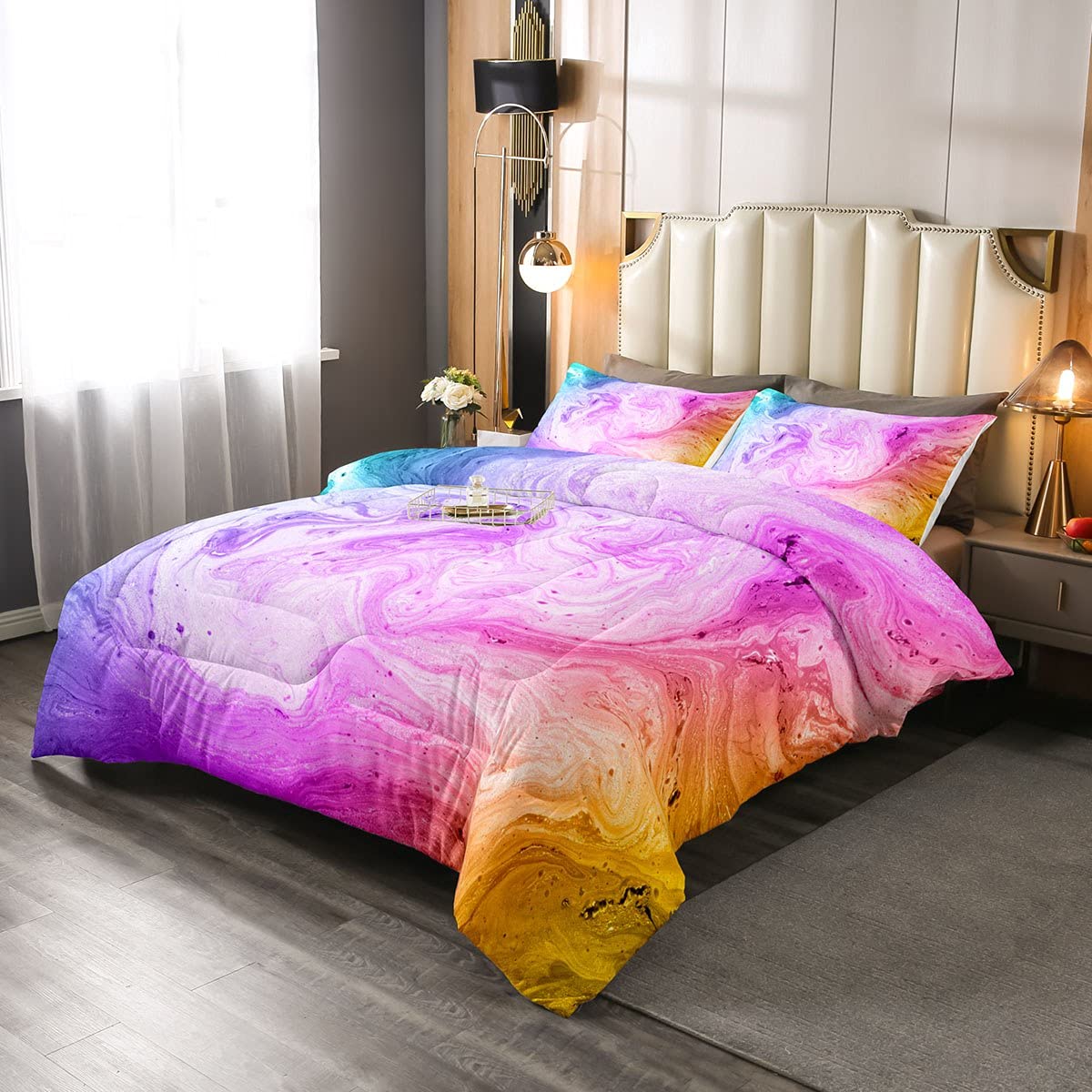 Tie Dye Bedding Set for Teenage Girls Kids Marble Art Comforterative Colorful Marble Duvet Insert/Quilt Pink Purple Blue Watercolor Duvet Set King Size 3Pcs Down Comforter