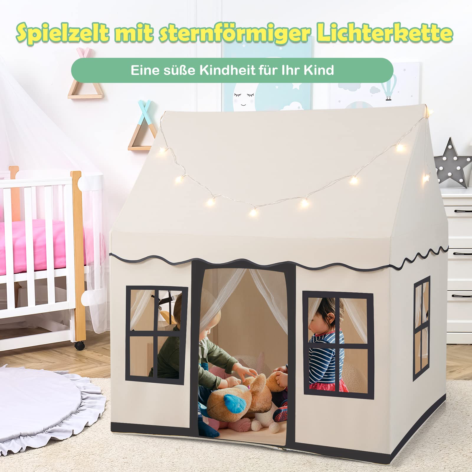 DREAMADE Spielzelt für Kinder mit Lichterkette und gepolsterter Matte, Tipi Zelt, Kinder Spielhaus mit Fenstern, Kinderzelt für Jungs und Mädchen, für Indoor und Outdoor (Beige + Schwarz)